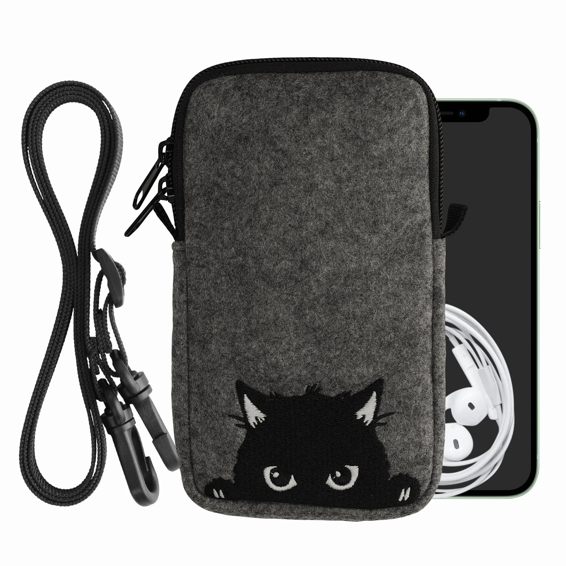 kwmobile Filcowa torba na telefon z wzorem L - 6,5 cala - uchwyt na pasek 16,5 x 8,9 cm - ciekawy kot szary/czarny