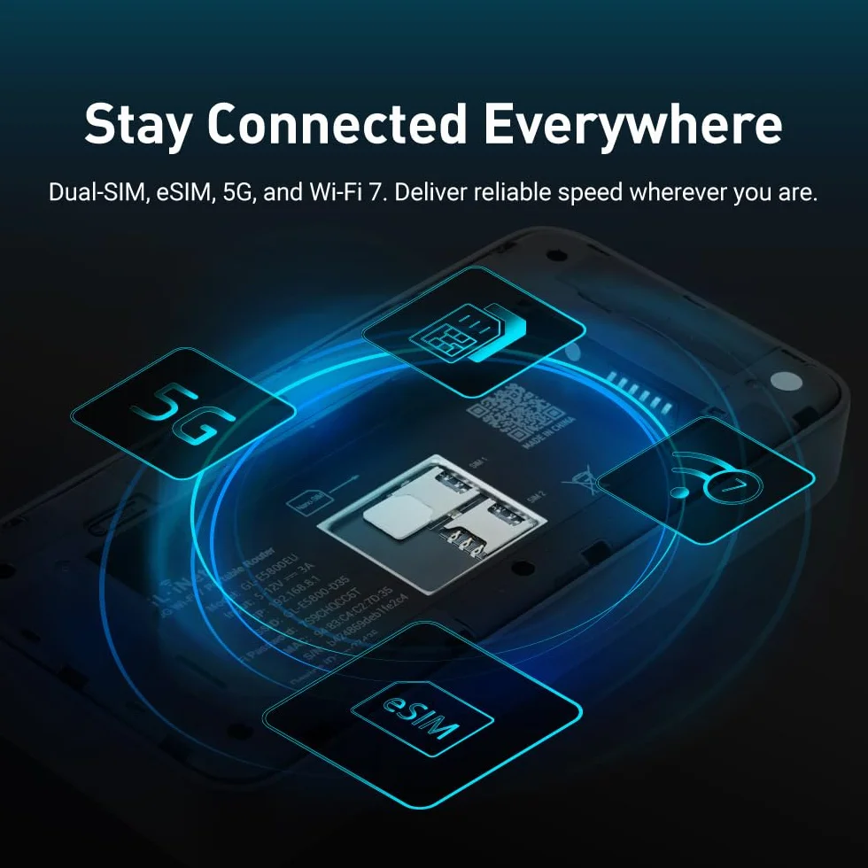 GL.iNet Mudi 7 (GL-E5800) Wi-Fi 7 5G Travel Router with eSIM & Dual SIM, 2.8" Touchscreen, Tri-Band up to 5.76 Gbps, 2.5G Ethernet, 700Mbps VPN, 13.5h Battery — Mobile Hotspot for Travel, Livestream