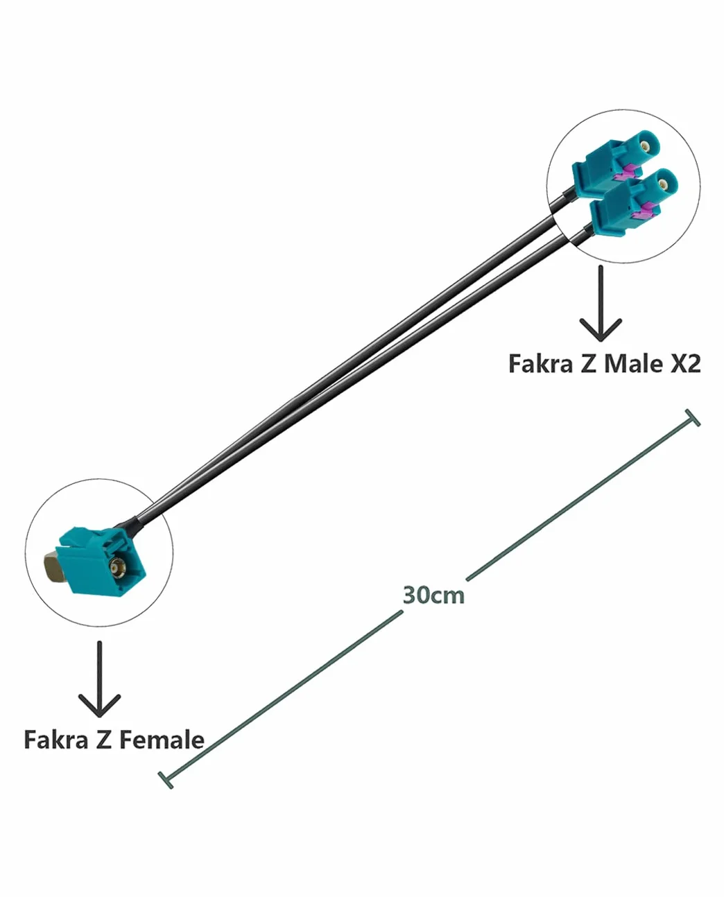 Vecys Kabel Adaptera RG174 Fakra Żeński Kąt 90° do Podwójnego Fakra Męski 30 cm do Radia Samochodowego DAB GPS Antena