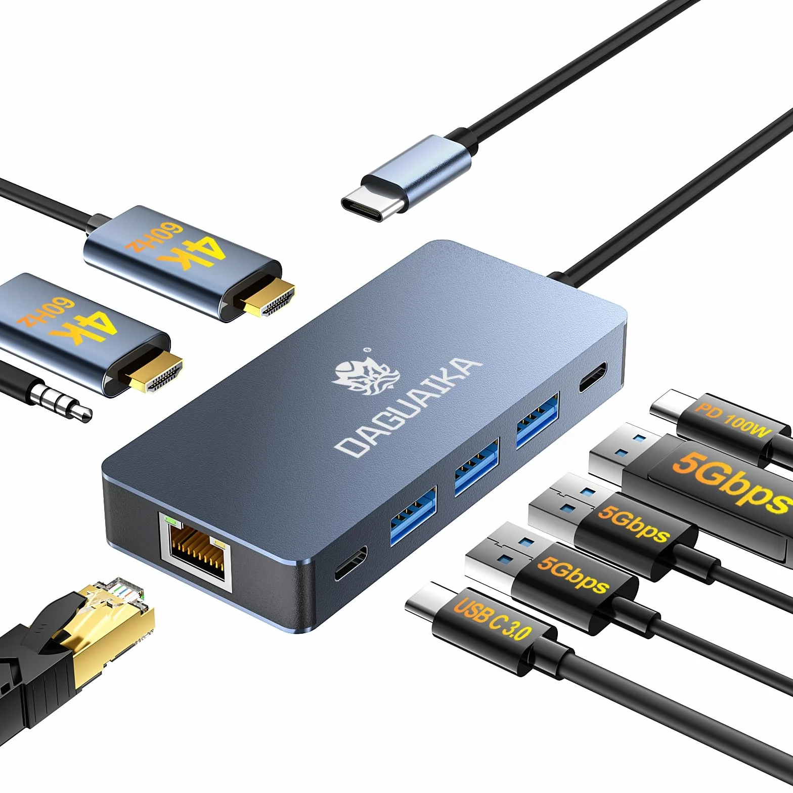 Hub USB C, stacja dokująca 9 w 1, podwójny wyświetlacz HDMI 4K przy 60 Hz, adapter Ethernet RJ45 1000 Mb/s, PD 100 W, 3 porty USB-A 3.0, 3,5 mm audio/mikrofon do MacBooka Pro, Lenovo, Surface, Dell
