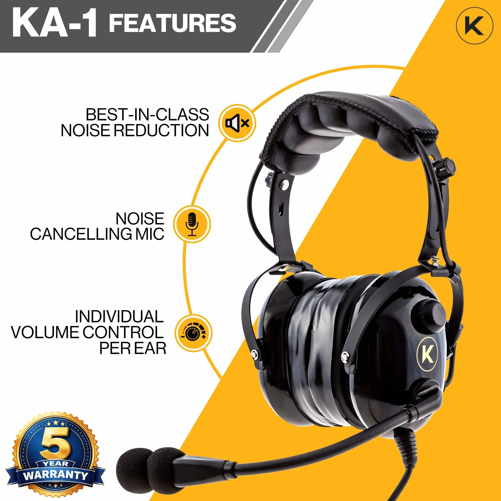 KA-1 General Aviation Headset for Pilots - Mono i Stereo Comp., pasywny hałas czerwony, mikrofon z redukcją szumów, żelowe uszczelki uszne, opaska na głowę i torba