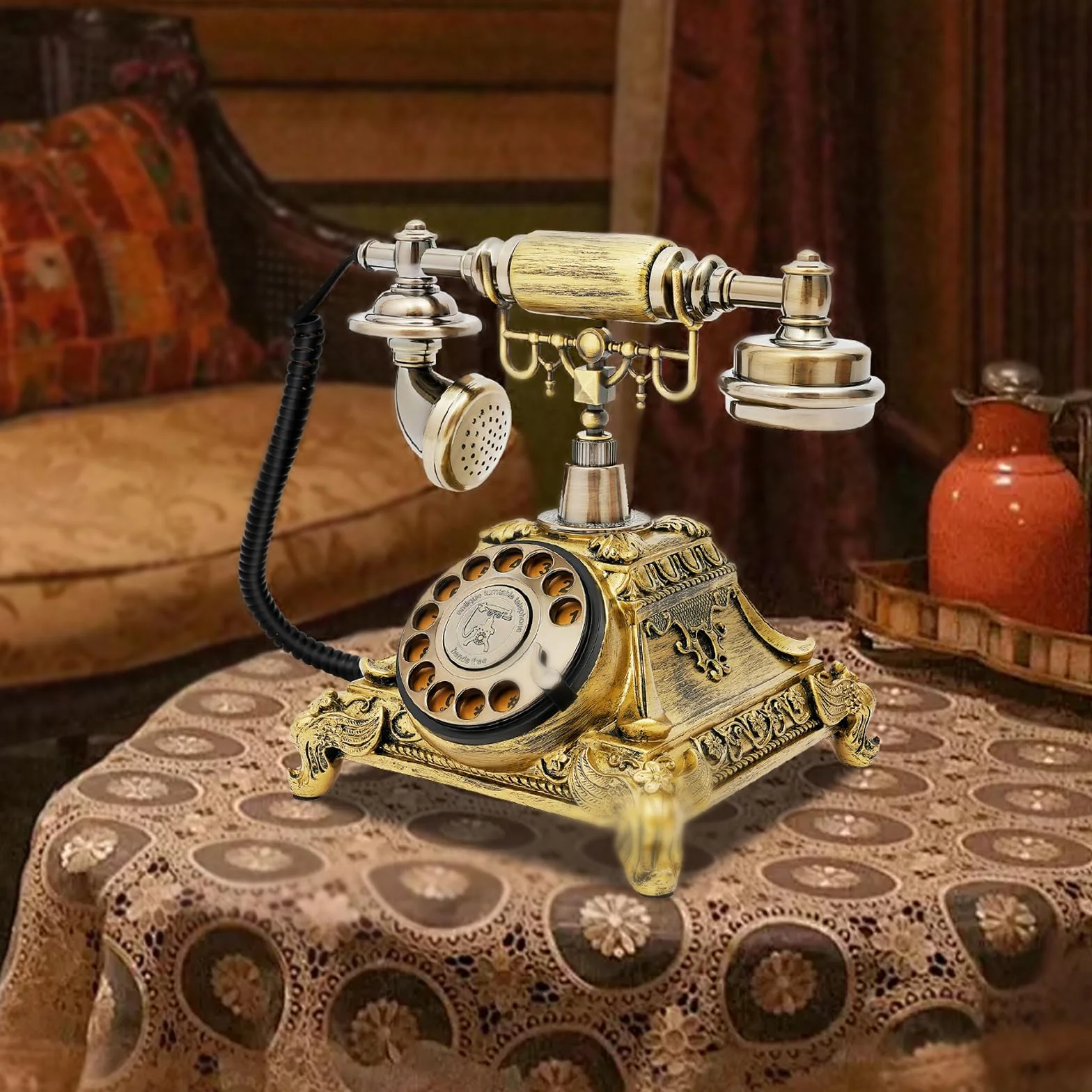 Telefon w stylu retro, telefon z tarczą, telefon w stylu vintage z kablem i obrotową tarczą, do dekoracji domowego biura, wykonany z żywicy syntetycznej