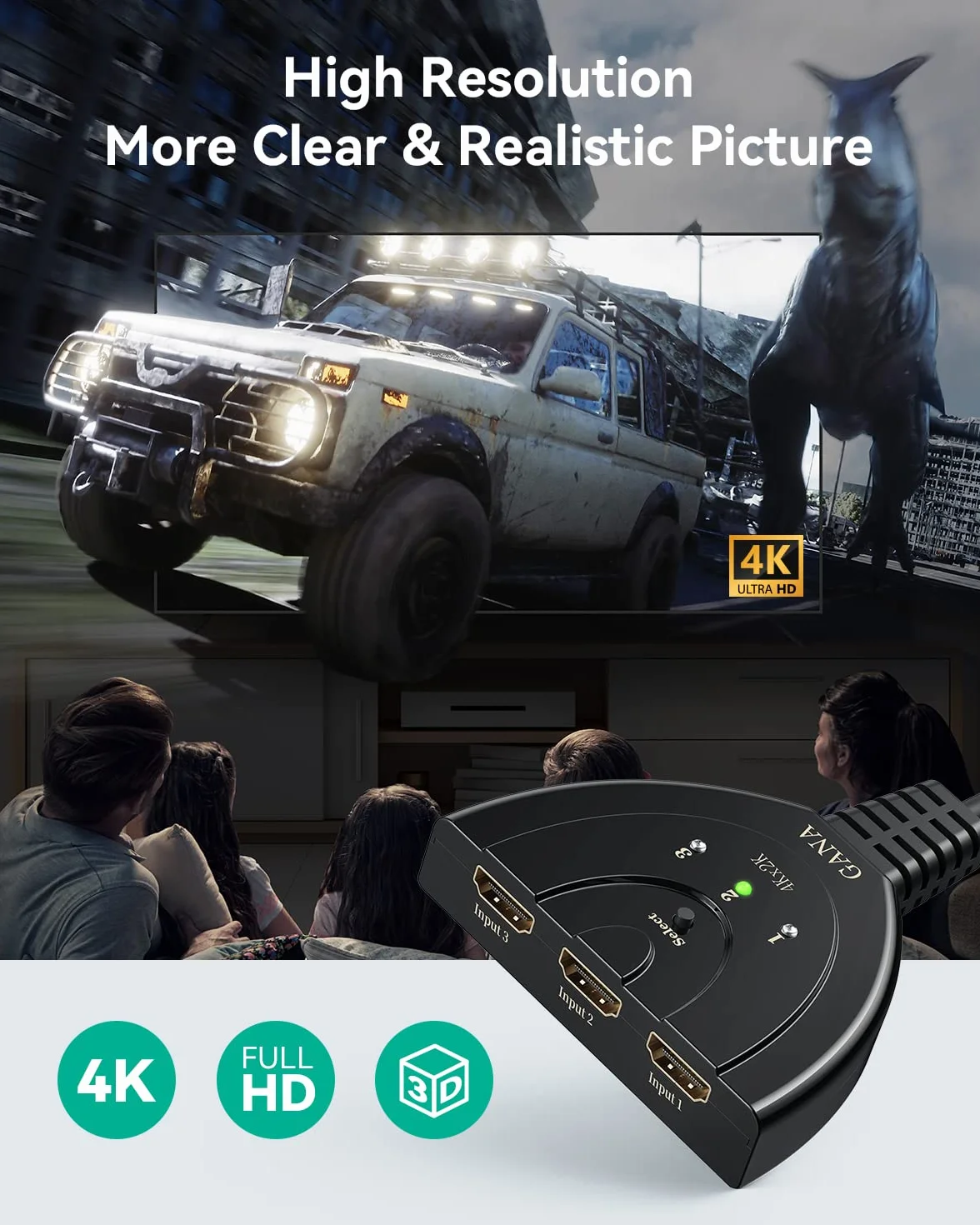 GANA Przełącznik Hdmi 4K Rozdzielacz 1 Do 3 Z Obsługą 4 K/1080P/3D Dla Xbox, Ps3, Ps4, Apple Tv, Roku/Fire Tv/Blu-Ray Dvd, Czarny