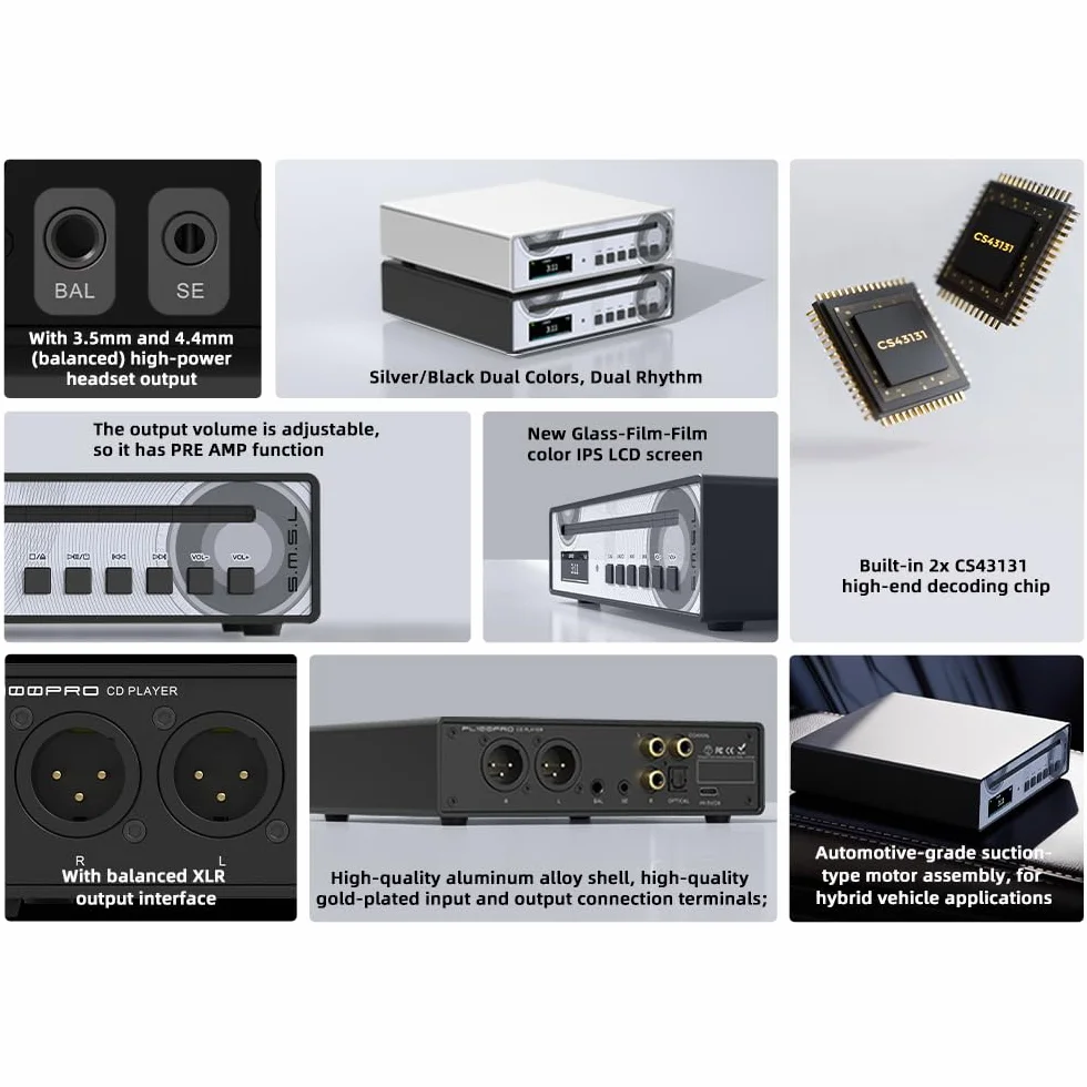 SMSL PL100PRO Odtwarzacz CD, 2 x CS43131, wysokiej klasy chipy DAC, RCA, optyczne, koncentryczne, XLR, zbalansowane, 3,5 mm i 4,4 mm, wyjście słuchawkowe 200 mW, 32 Ω, bezstratne odtwarzanie MQA