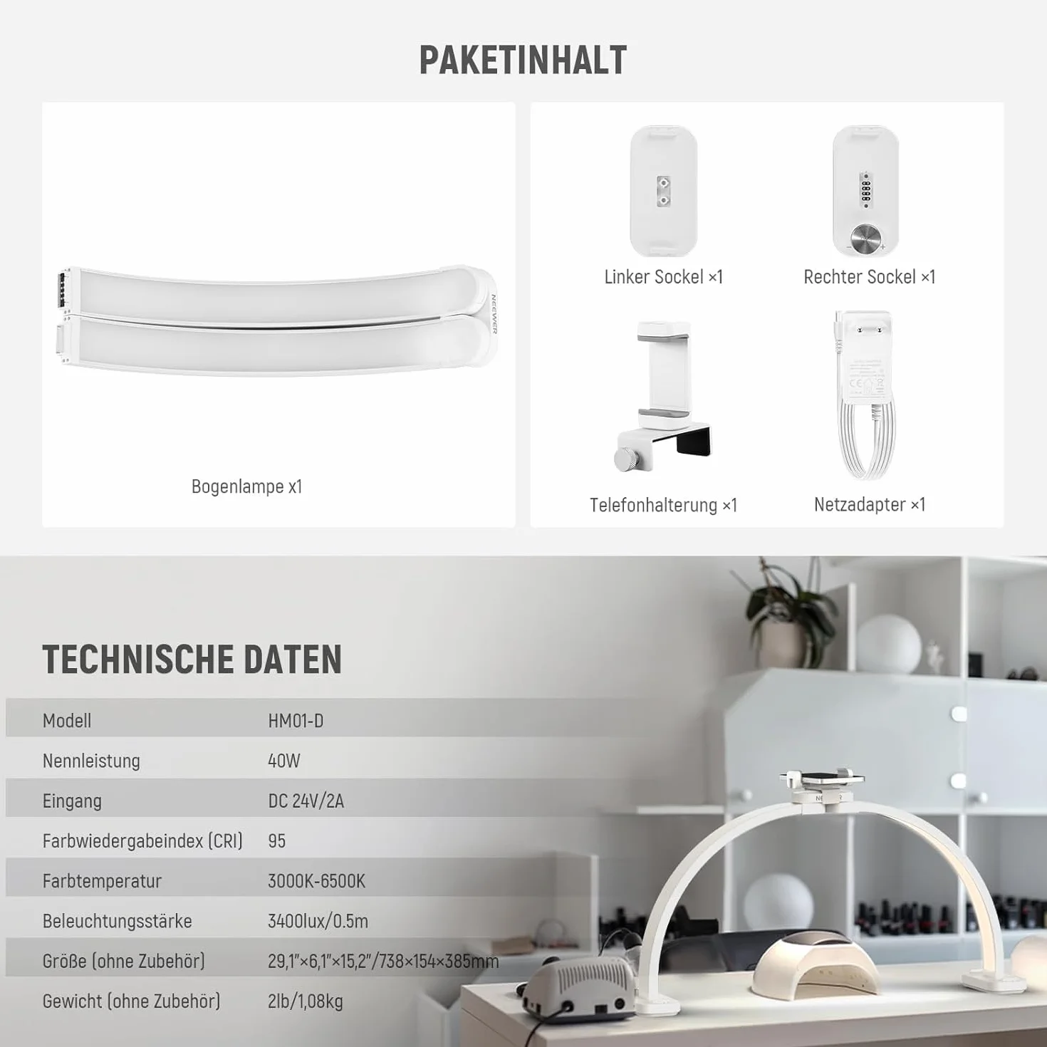 NEEWER Basics HM01-D lampa łukowa 29", 40 W, LED, półksiężyc, na stół/biurko, 3000K-6500K, 3400Lux/0,5 m, CRI95, ładowanie przez USB, uchwyt na telefon do manicure, makijażu, urody, tatuażu, nagrań