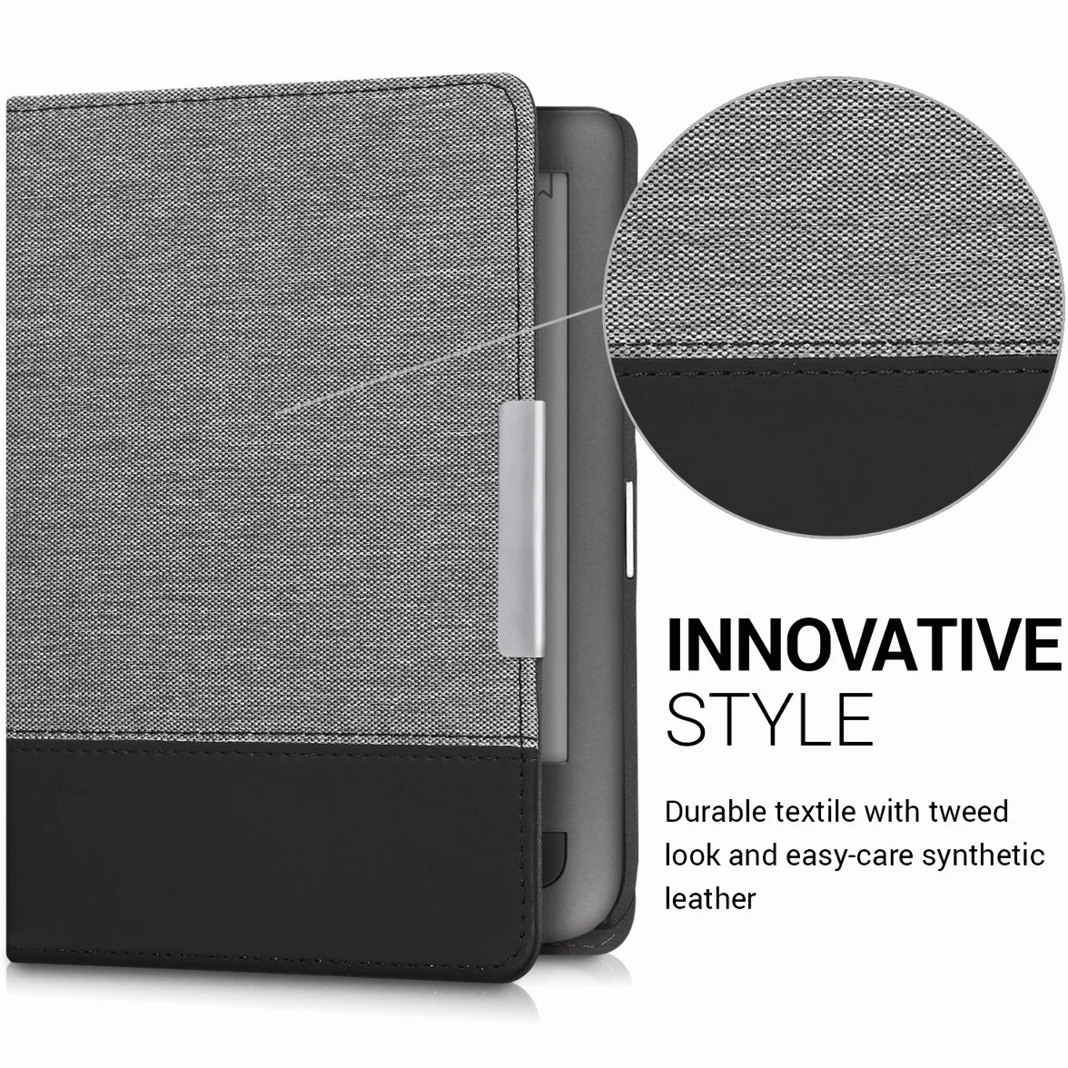 kwmobile Etui do Pocketbook Touch Lux 3/Basic Lux/Basic Touch 2 - etui ochronne z skóry PU i płótna do czytnika e-booków typu folio - szary/czarny