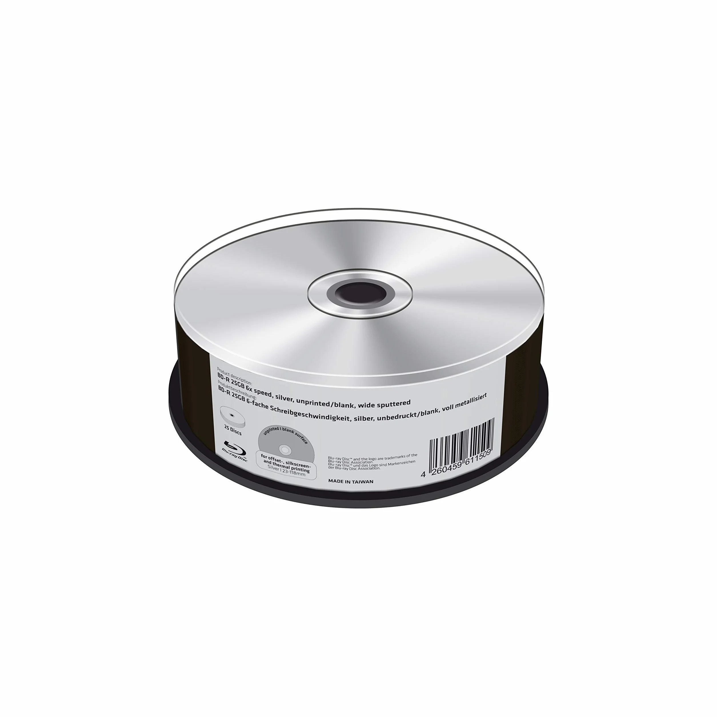 BD-R 25 GB 6-krotna prędkość zapisu, srebrny, niezadrukowany/pusty, w pełni metalizowany, 25 sztuk Cakebox