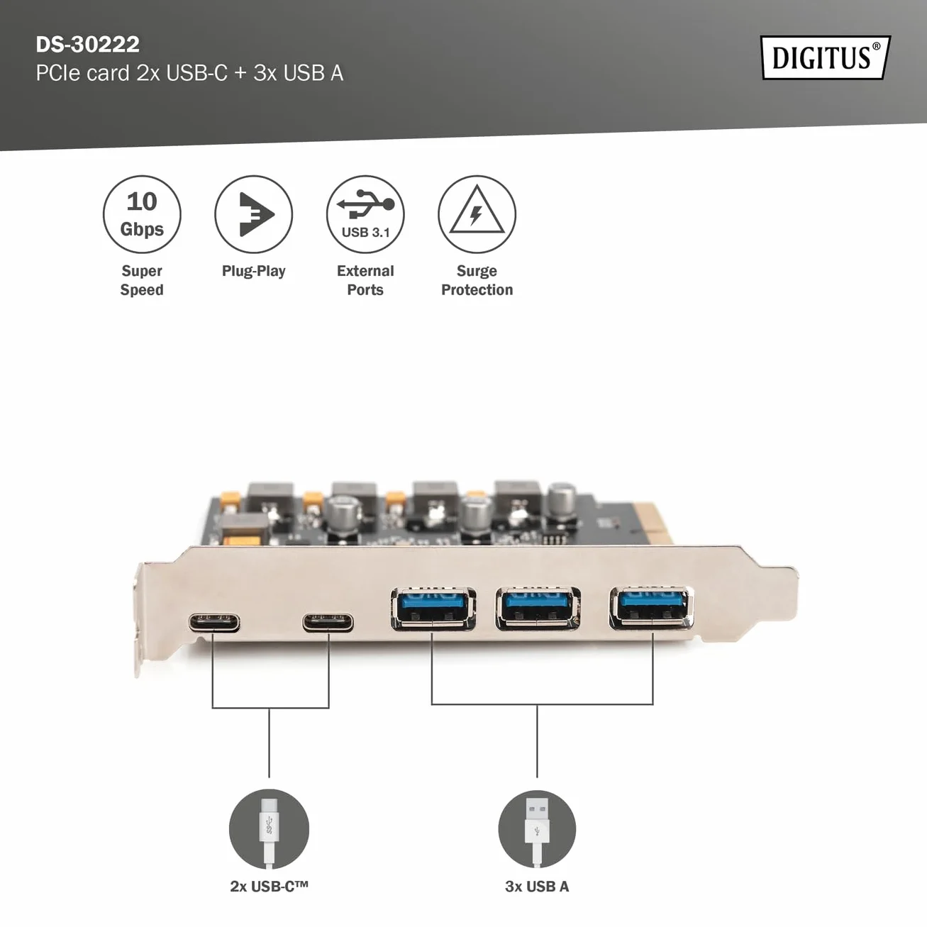 DIGITUS Karta IO - PCIe - 2x USB-C, 3x USB A - karta interfejsu USB 3.1 Gen 2 - do 10 Gbps - Plug & Play