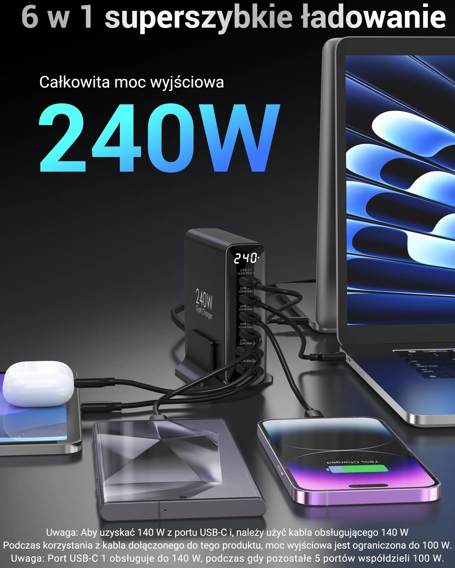 Ładowarka USB C 240W, 6 portów, Ładowarka PD3.1 GaN z wyświetlaczem LED, Stacja Szybkiego Ładowania na Biurko do MacBook Pro/Air, do iPhone Pro/iPad Pro/Dell XPS/Galaxy/laptopów i innych, Czarna