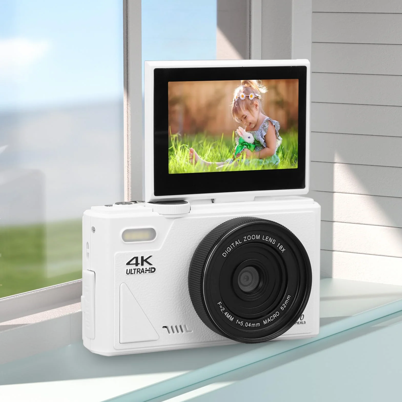 Aparat Cyfrowy 64 MP, Aparat Cyfrowy 4K, Składany Ekran, Wideo 4K, Zoom 18X, Akumulator, z 3-calowym Odchylanym Ekranem, Idealny świąteczny z łącznością USB dla (WHITE)