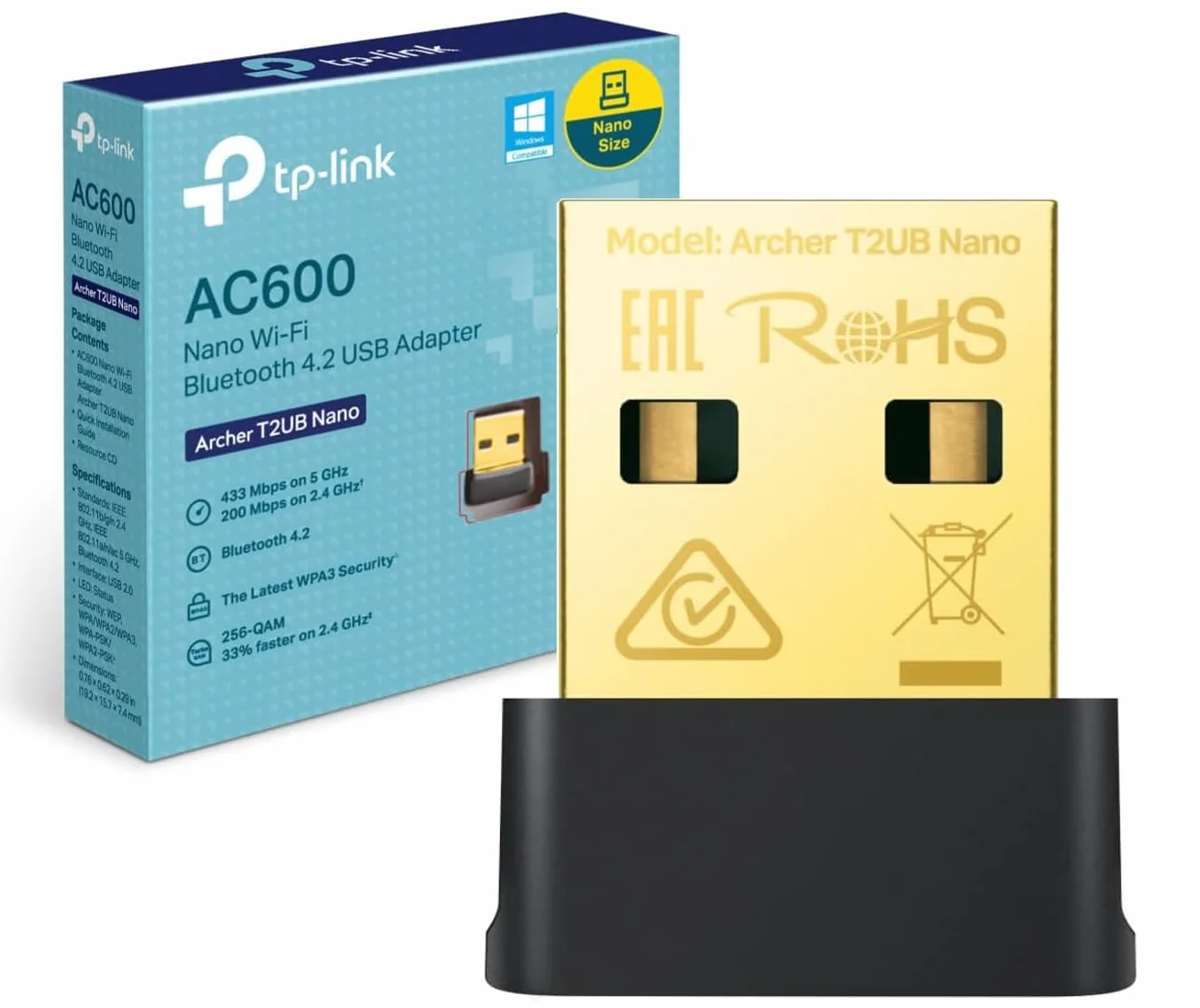 TP-Link Archer T2UB Nano Adapter Bluetooth 4.2 WiFi USB Dual Band AC600Mbps, karta sieciowa Windows 11/10