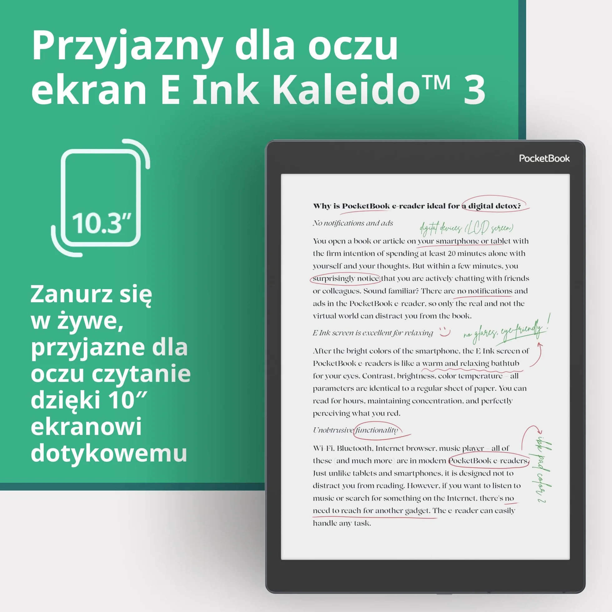 PocketBook Color Note z Rysikiem Wacom - Tablet E Ink - 10,3-Calowy Kolorowy Ekran Kaleido 3 - Cyfrowy Notatnik i Czytnik eBooków - 32 GB - WiFi i Bluetooth - Przyjazny dla Oczu