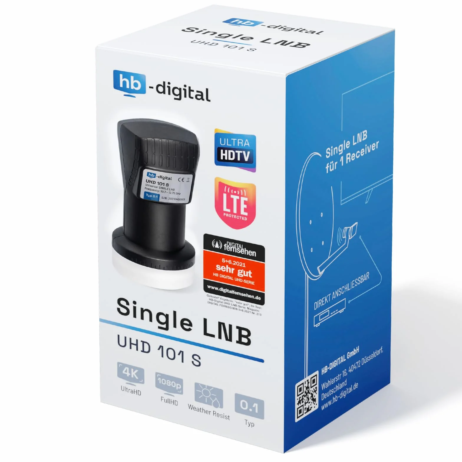 hb-digital Pojedynczy LNB (test BARDZO DOBRY *) LNC głowica 1 abonent Direkt LTE Protected Satelita Digital Sat Full HD TV 3D 4K UHD styki pozłacane ochrona przed warunkami atmosferycznymi czarny
