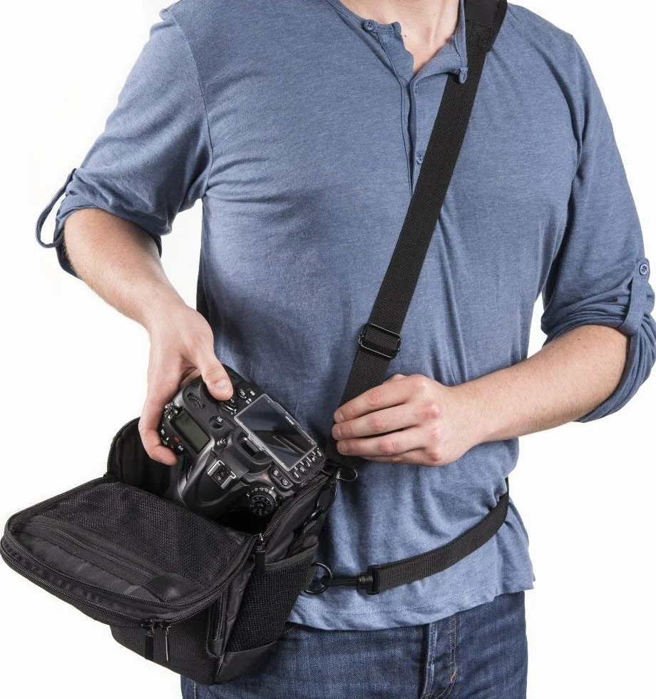 Baxxtar PRO NOVO SLR torba na aparat SLR Colt kompaktowa czarna (pasek na ramię, pas miednicowy, tunel paskowy) kompatybilna z np. Canon EOS 250D 850D 2000D 400D - Nikon D5600 D3500 itd.