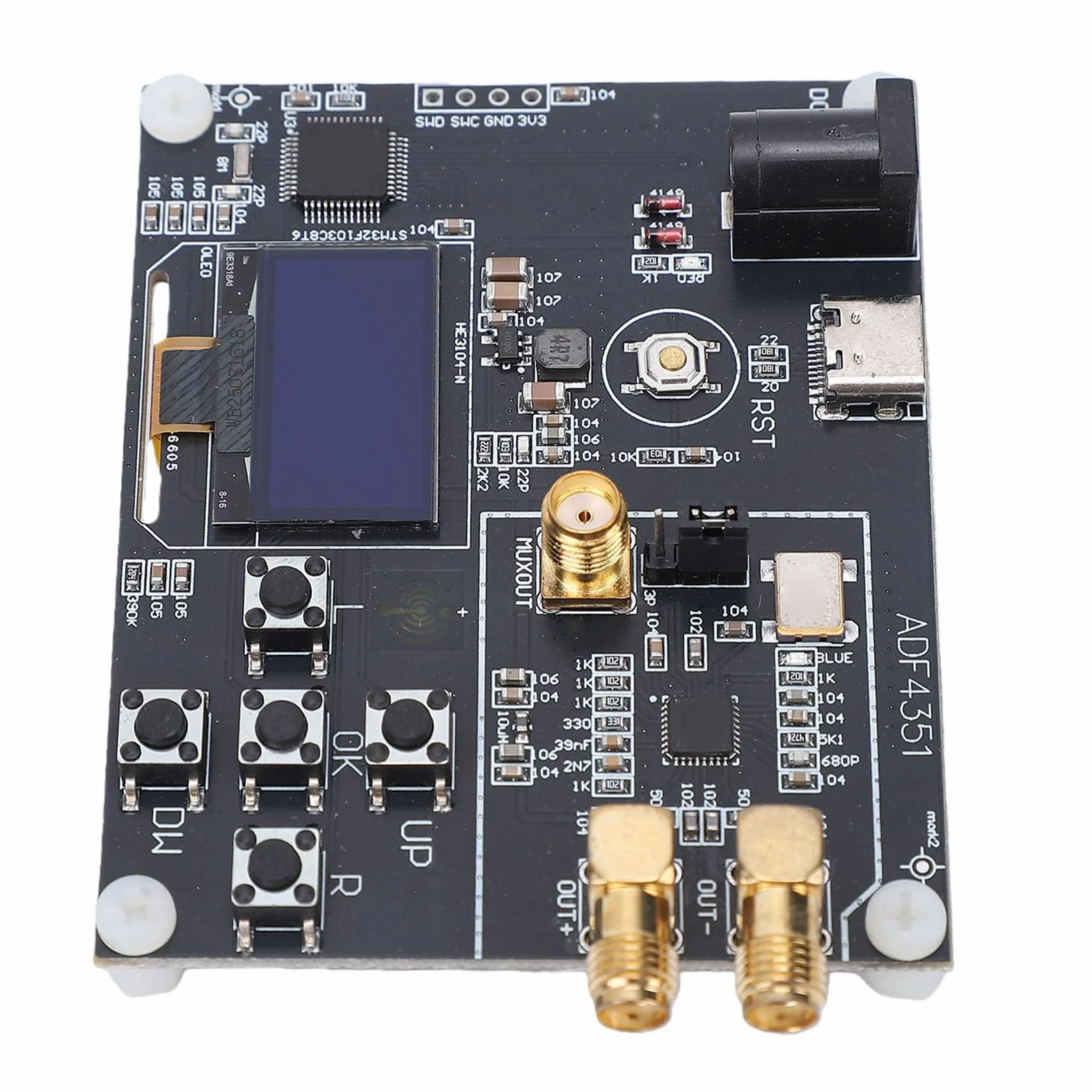 Focket ADF4351 Moduł z synchronizacją Fazy Płytka Syntezatora Częstotliwości RF 35 MHz–4,4 GHz, Szerokopasmowy Generator Sygnału RF PLL z Wyświetlaczem i Wyjściem SMA do Testowania Komunikacji i