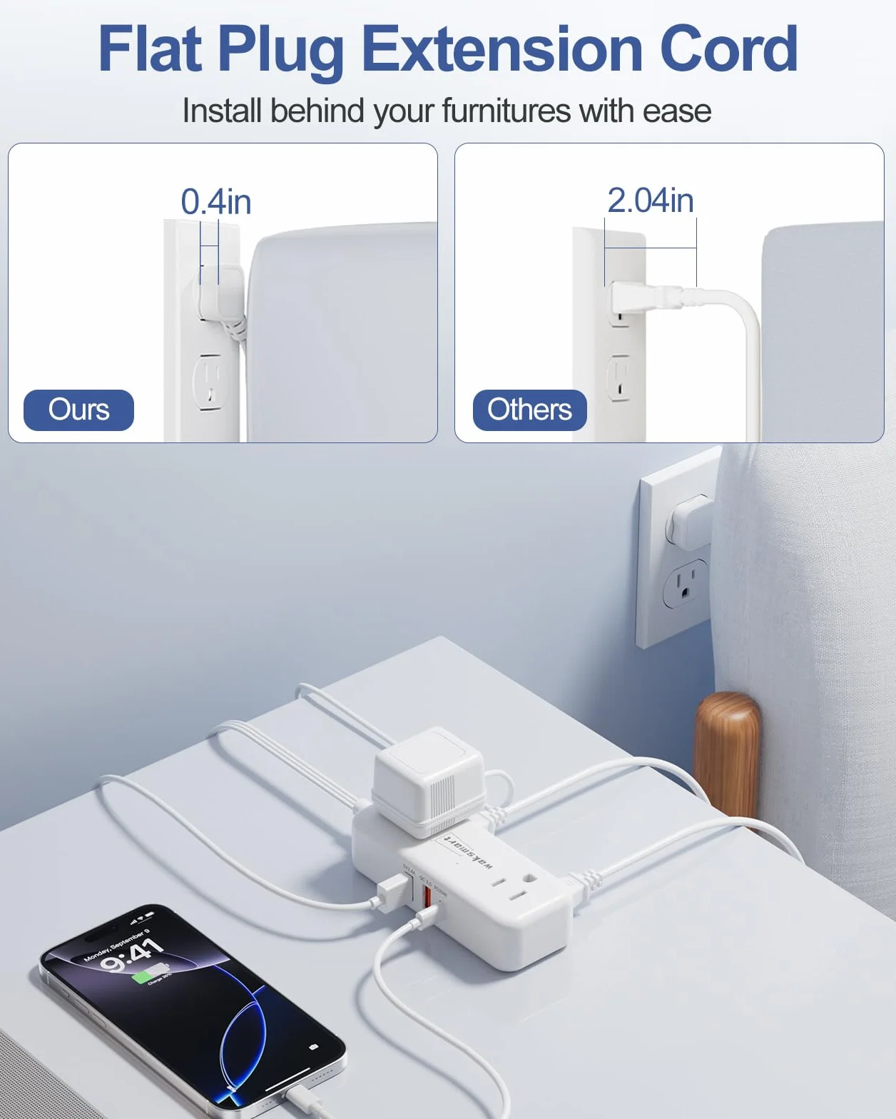 PD20W płaska listwa zasilająca, 3 nóżki, 4 wyjścia AC, 3 porty USB do szybkiego ładowania, kompaktowa płaska wtyczka ścienna do akademika, podróży, domu, biura i