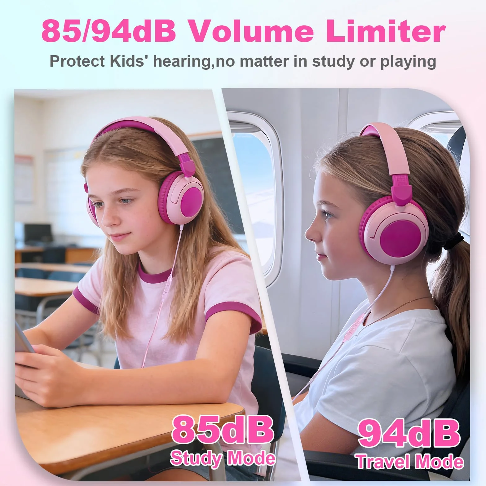 V8 Słuchawki dla dzieci, 3,5 mm, przewodowe słuchawki dla dzieci z bezpiecznym ogranicznikiem głośności, dźwięk stereo HD, nauszne słuchawki dla dziewcząt, chłopców, maluchów do tabletu, iPada