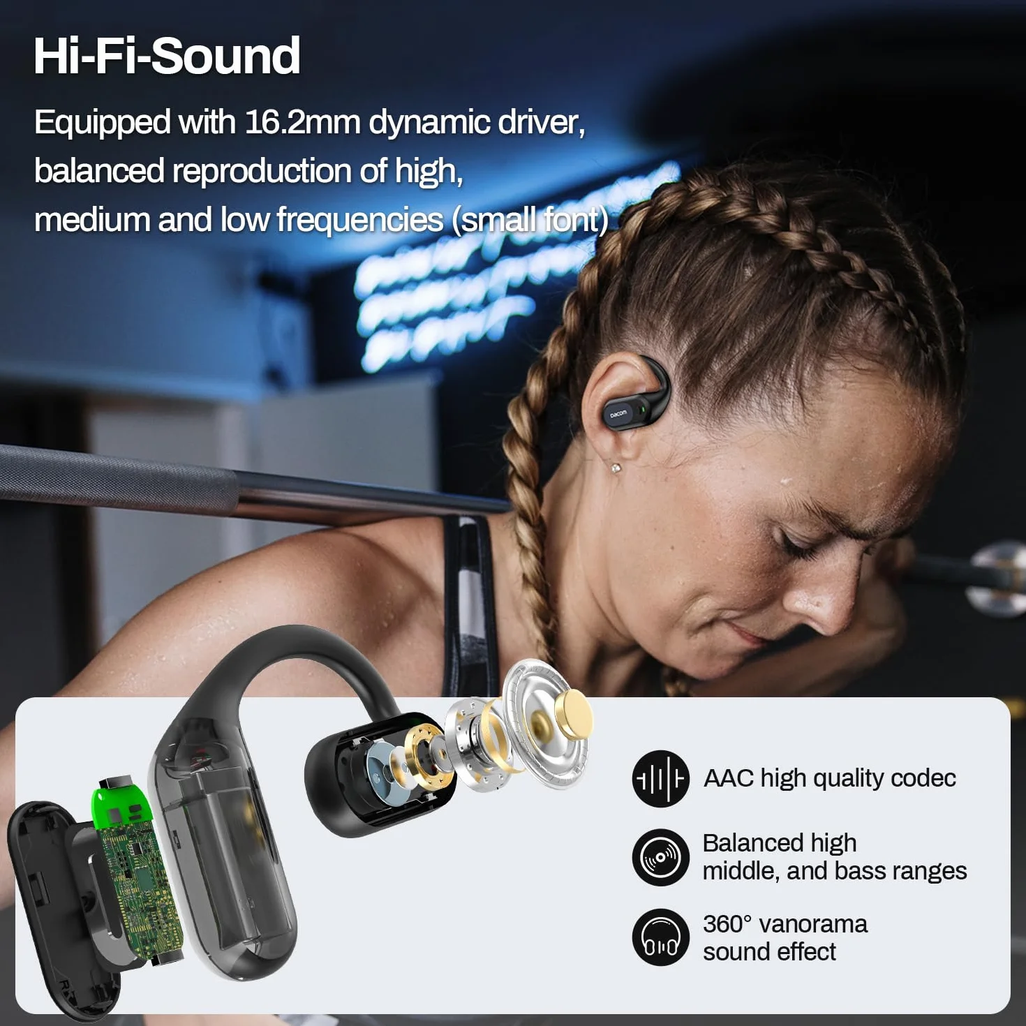 DACOM G136 Open Ear słuchawki Bluetooth 5.3, bezprzewodowe słuchawki sportowe, certyfikat MFI IP67, czas odtwarzania 24 godziny, fizyczne przyciski, rower, bieganie, fitness, funkcja regulacji