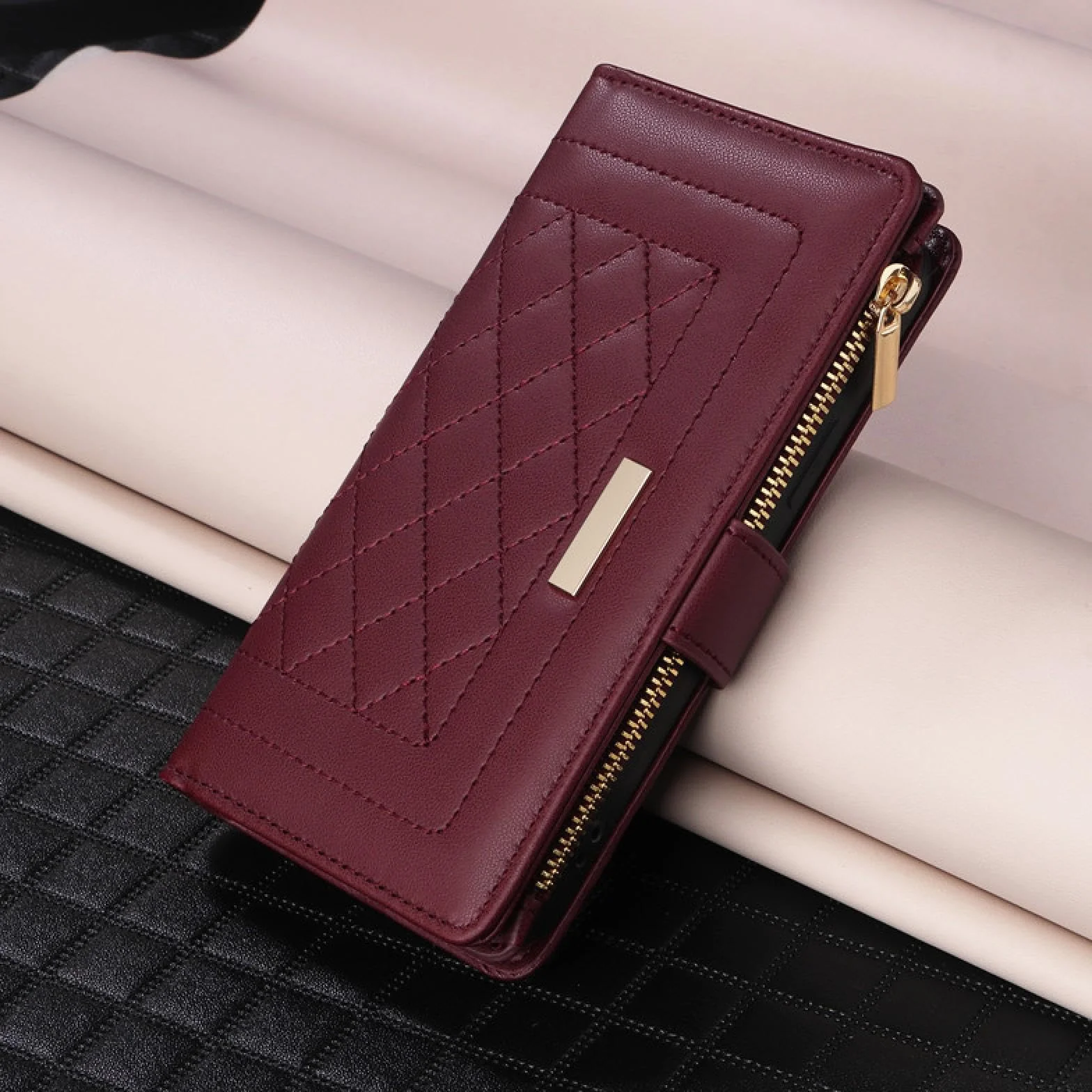 Do iPhone'a 16 Pro Max Crossbody Skórzany Portfel Zapinany Na Zamek Etui na Karty Telefony Smycz Klapka (Do iPhone'a 16 Pro Max/Czerwony)