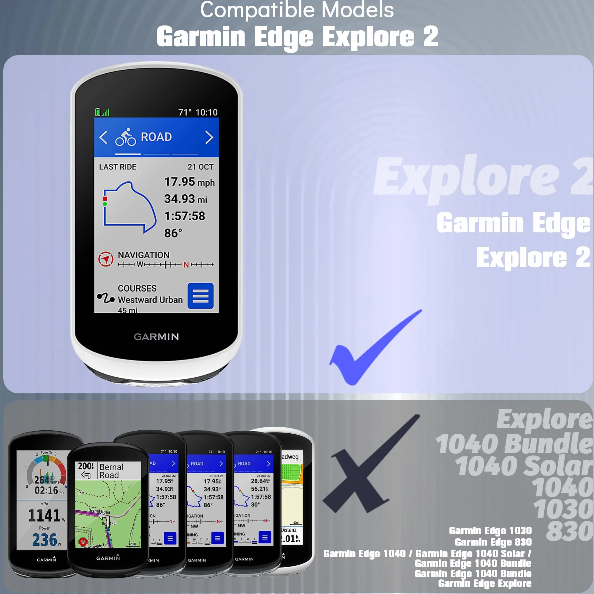 Silikonowe etui kompatybilne z Garmin Edge Explore 2 + 2 osłony ekranu ze szkła hartowanego, miękkie, odporne na wstrząsy, kompleksowa ochrona, czarne