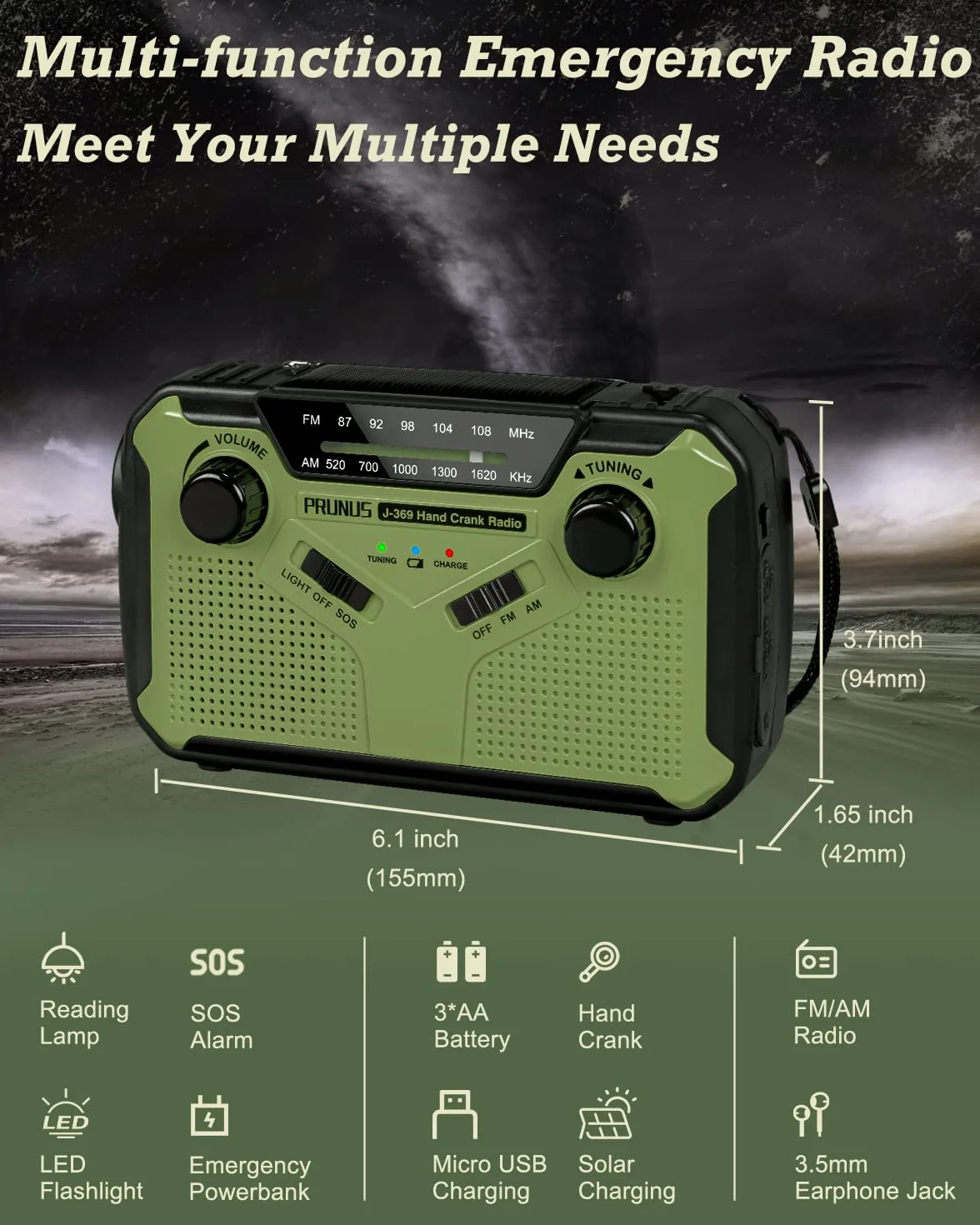 PRUNUS J-369 radio korbowe FM/AM, zasilanie bateryjne, korba solarna, z powerbankiem o pojemności 3000 mAh, radio awaryjne z alarmem SOS, latarką i lampką do czytania, na kemping, do domu, w sytuacji