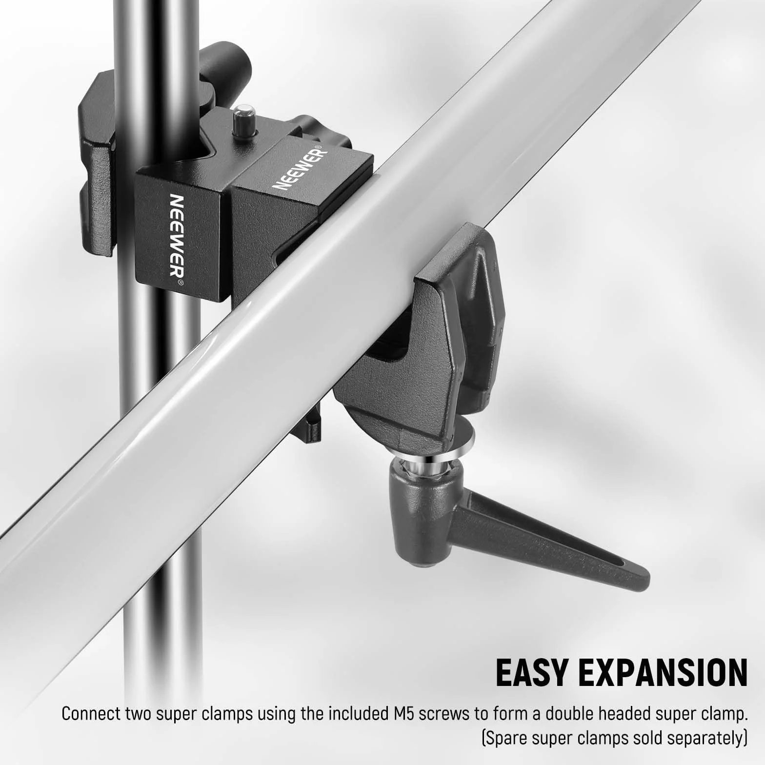 NEEWER Super zacisk z bolcem 5/8", zamknięcie sprężynowe, uchwyt szczękowy Heavy Duty Crab Pole Clamp do okrągłych rur, płaska powierzchnia, do studia fotograficznego, montażu oświetlenia, maks