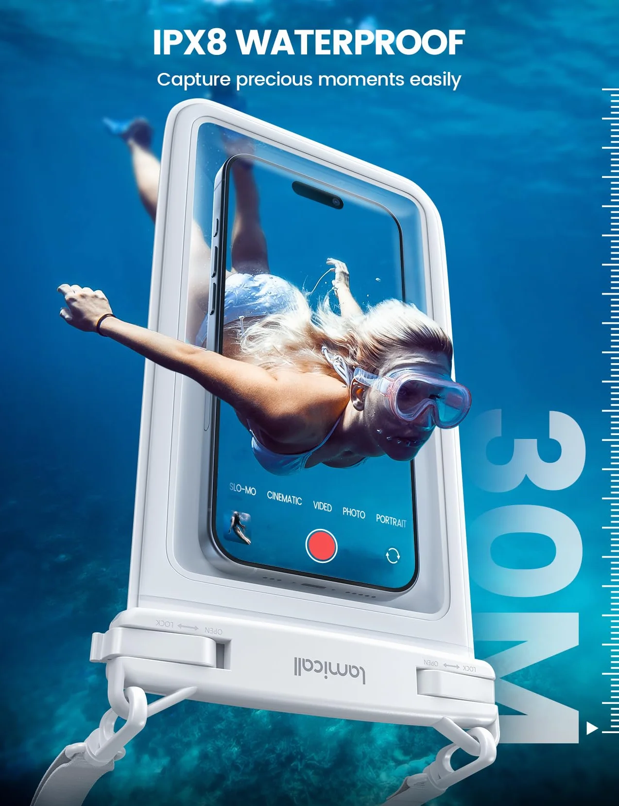 Lamicall Wodoodporna Etui na Telefon, Wodoodporna Torba na Telefon - [Podwójne Komory] Etui Podwodne do Pływania, IPX8 Wodoodporne Etui na Telefon dla iPhone 17/16/15/14/13, Smartfonów Samsung do 7,5”