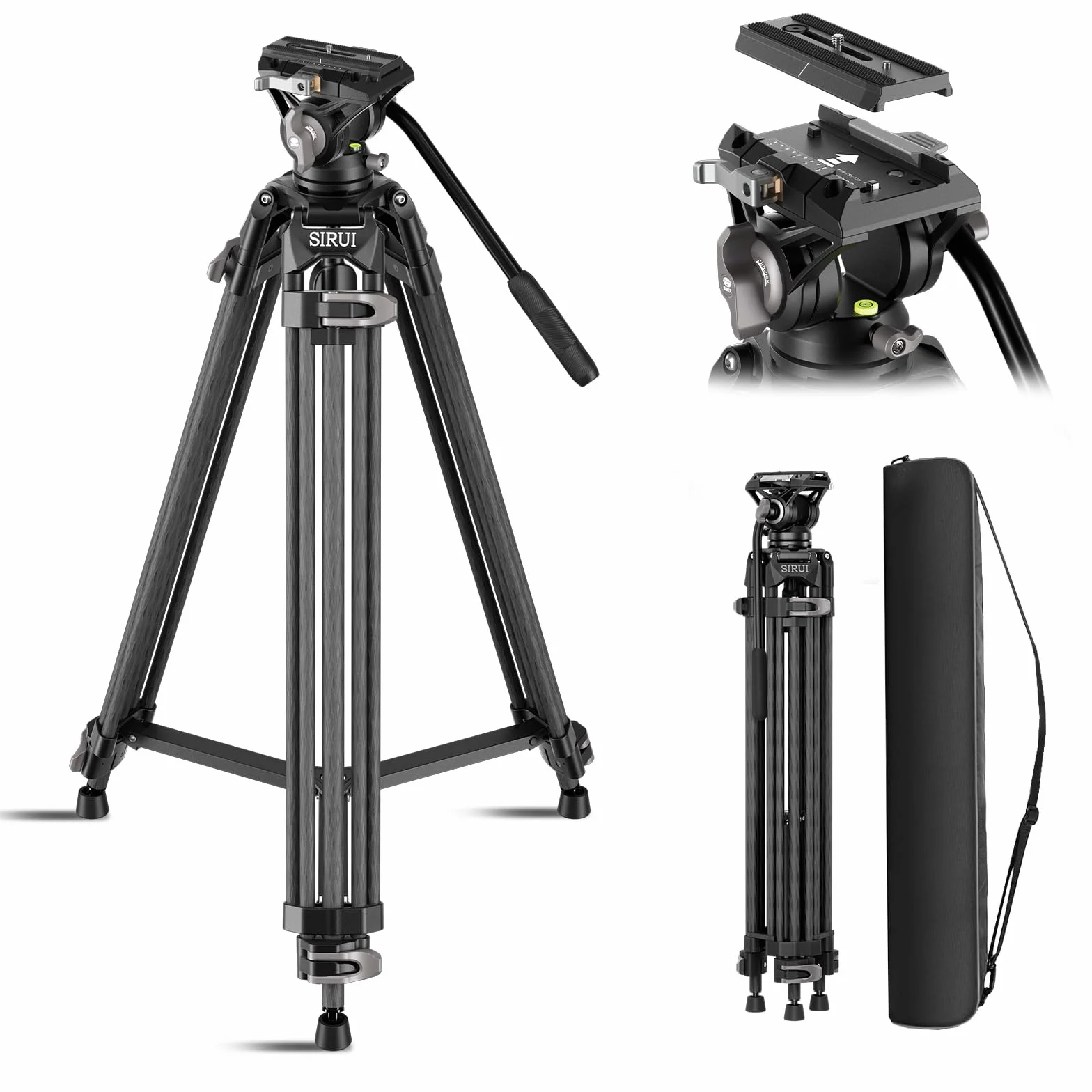SIRUI AVT-12 Statyw wideo, profesjonalny statyw z włókna węglowego 185 cm, z głowicą płynu, do lustrzanek cyfrowych, profesjonalny, do kamer DSLR, maksymalne obciążenie 15 kg