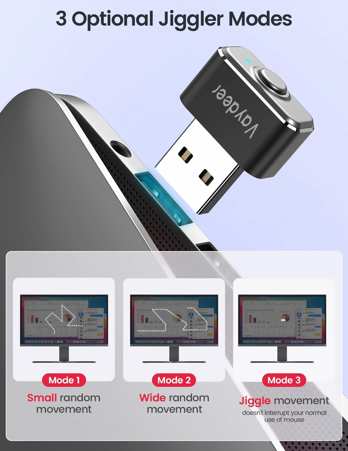Vaydeer Mini Mouse Jiggler USB Mouse Mover z przełącznikiem wł./wył., bez sterowników, niewykrywalny, symuluje ruch myszy, Plug and Play, kolor czarny