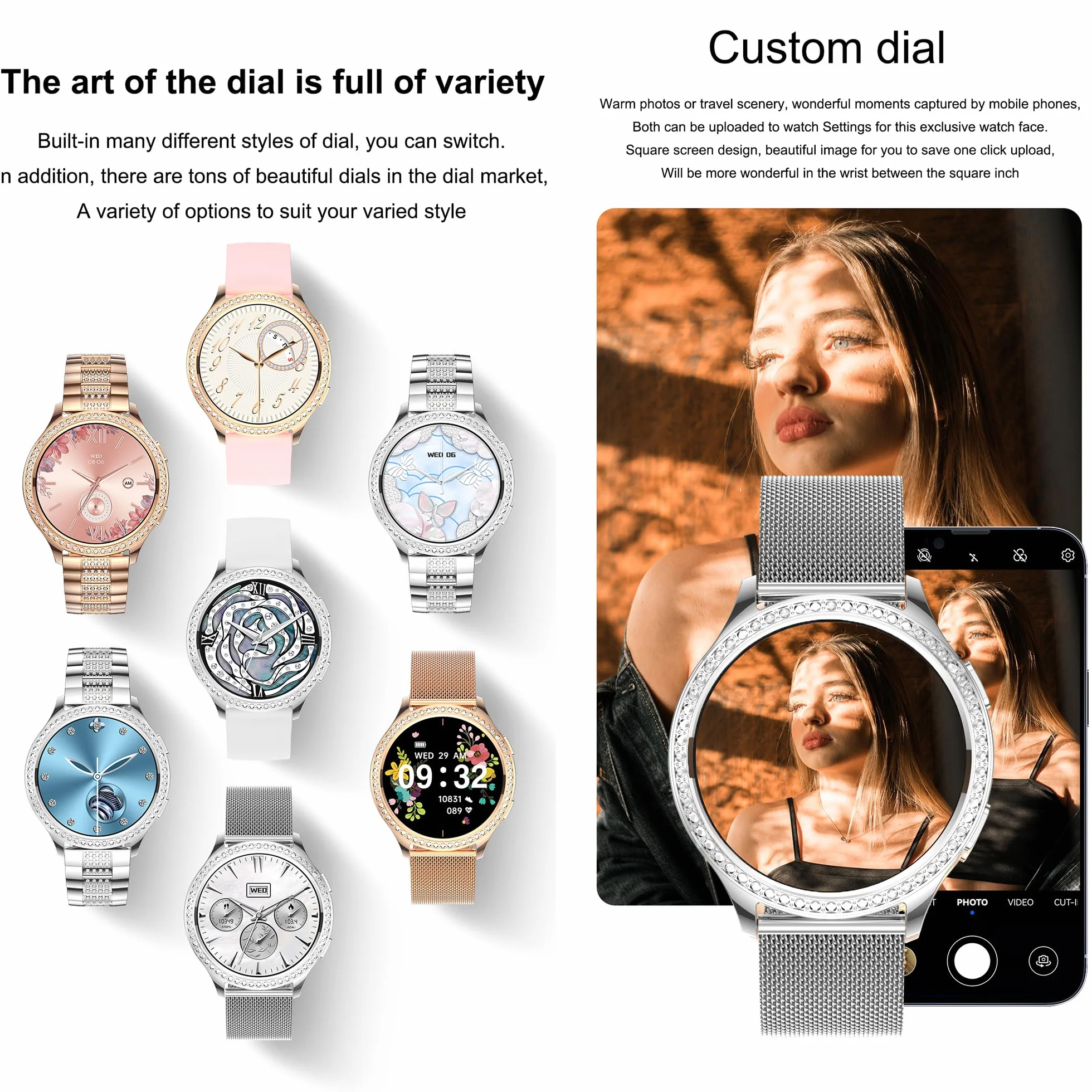 Smartwatch damski z funkcją telefonu, 1,32" diament IP68, wodoszczelny zegarek sportowy z 123 trybami sportowymi, pomiar ciśnienia krwi, tętna, krokomierz, 3 paski, zegarek fitness do iOS Android