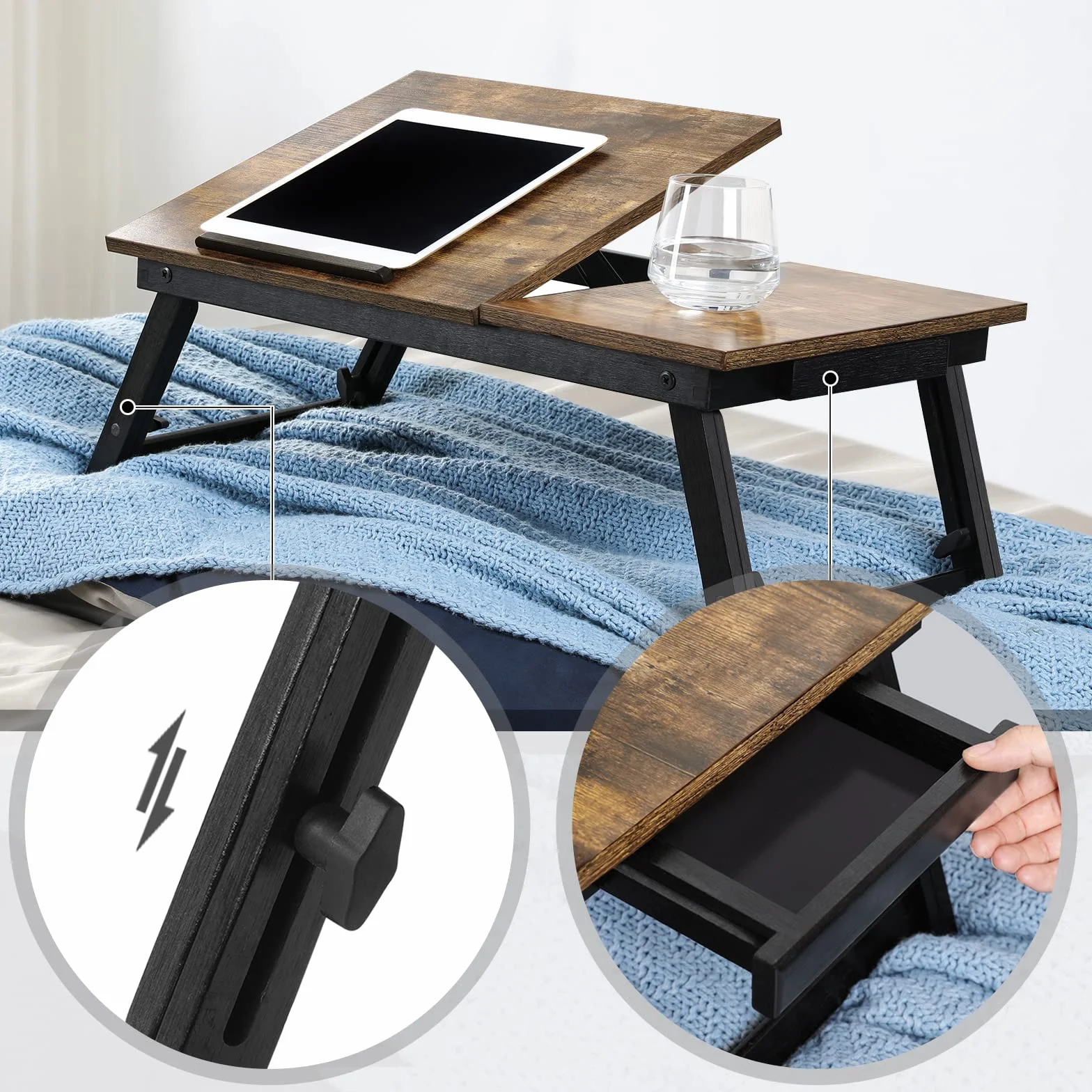 SONGMICS LLD105B01 Stolik/stojak pod laptopa, taca śniadaniowa, składane nogi, na łóżko i sofę, z regulacją wysokości, do laptopów o przekątnej ekranu do 15,6“, 55 x 35 x 23 cm, odcień brązowy retro