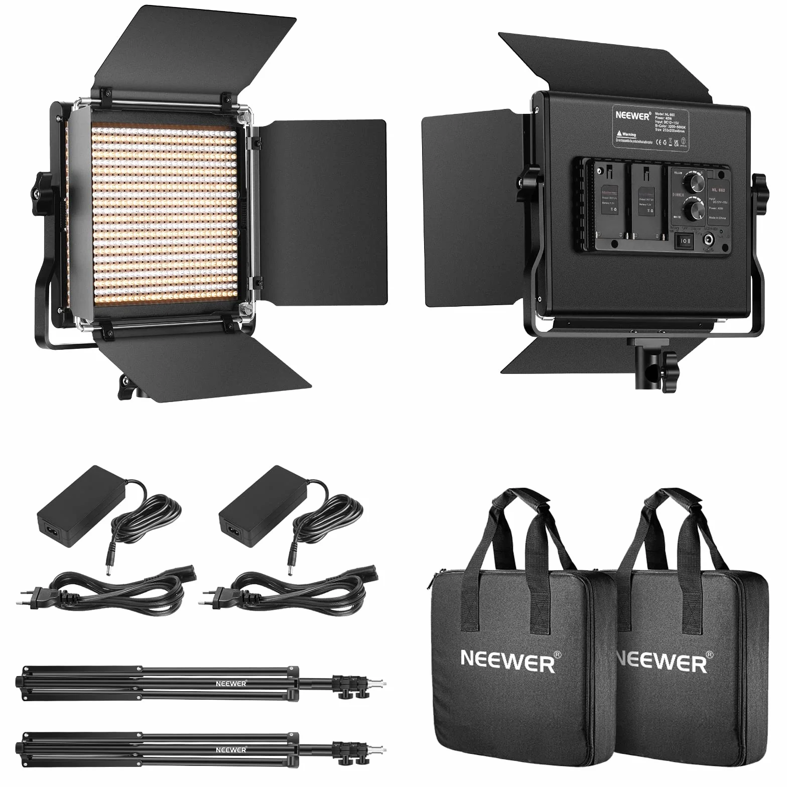 Neewer dwukolorowe lampy video 660 LED, 3200 K-5600 K, CRI 96+, przyciemniane światło, z uchwytem U-bracket i skrzydełkami kadrującymi, 78,7”, światło do studia fotograficznego, 2 sztuki