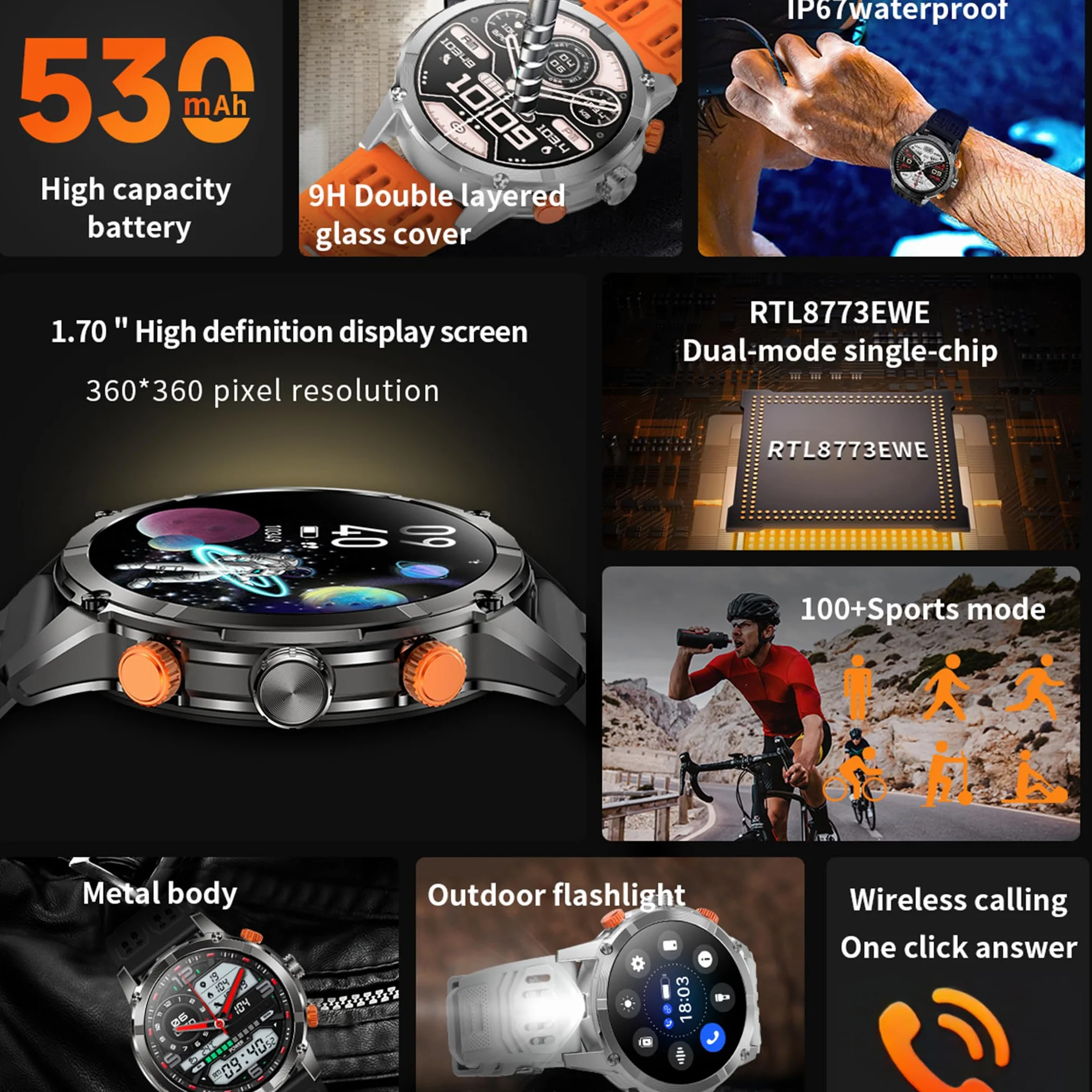 Smartwatche Mężczyzna z Funkcje Telefonu Bluetooth, Bateria 530 mAh, Sportowy Smartwatch 1,7" AMOLED ze 110+ trybami Sportowymi, Pomiarem Tętna, SpO2, Wodoodpornością dla Android iOS (srebrny)