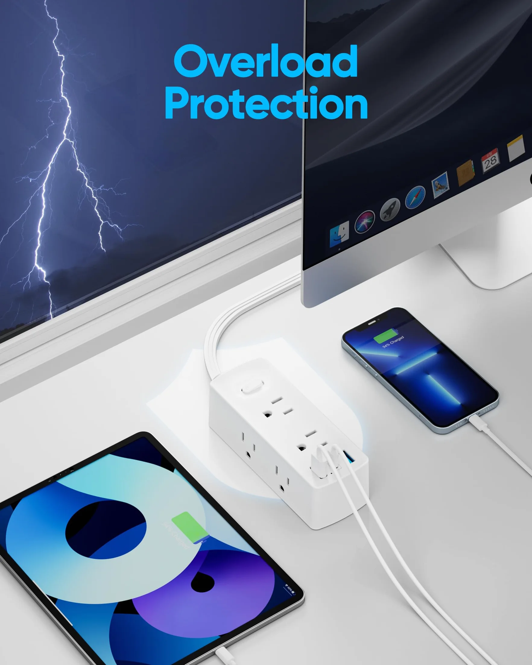 Olcorife - Płaski przedłużacz 20 stóp z 6 gniazdami 3 portami USB (1 USB C), 3-stronny przedłużacz wyjściowy, ochrona przeciwprzepięciowa do domu, biura, sypialni, pokoju