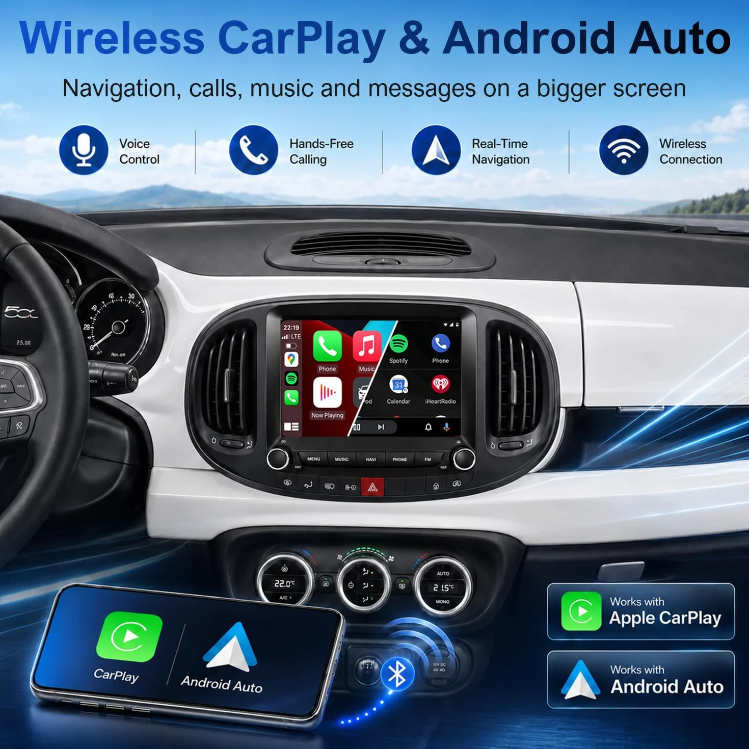 Linux radio samochodowe do FIAT 500L 2013-2019 z CarPlay i Android Auto | 7-calowy ekran dotykowy HD, Bluetooth, radio RDS, FM/AM/USB/DSP, Plug & Play