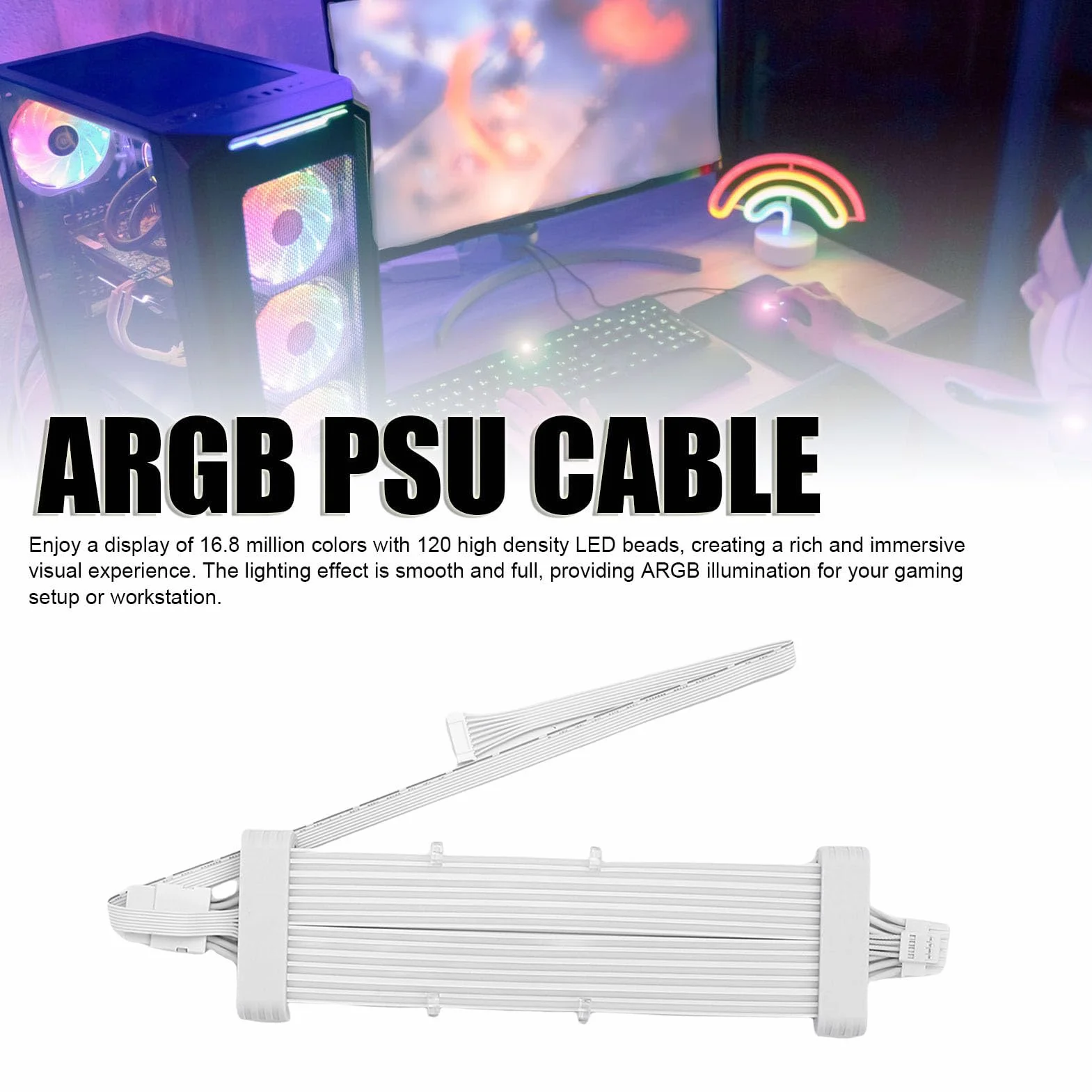 Ejoyous Kabel ARGB PSU Lina Tkana Silikonowo Przedłużacz Zasilacza Komputera Kabel ARGB 5V 120 LED 16-pinowy i 8-pinowy światło Neonowe do Obudowy Komputera Modowanie Konfiguracji Gier (Kontroler