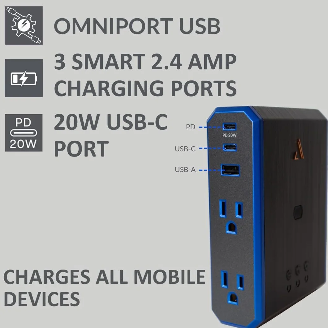 Przedłużacz gniazdka z serii V, 4 gniazdka, listwa zasilająca, 2 USB C i 1 zasilacz USB A 2,4 A 20 W, 3000 J Multi Plug EMI/RFI, 5 lat na komponenty