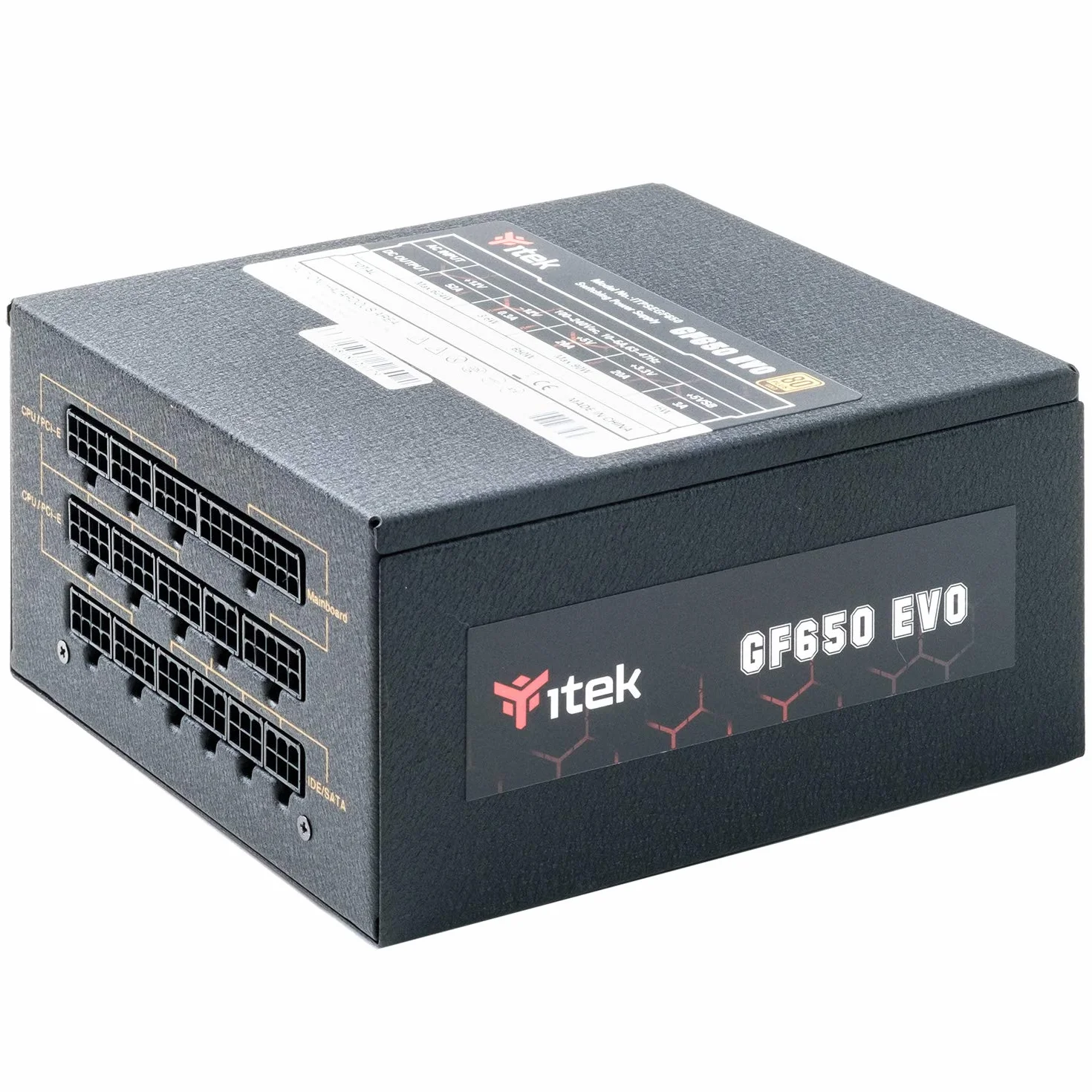 iTek do PC GF650 EVO – 650 W, HDB Hydraulic Dynamic Bearing 12 mm, aktywna ochrona PFC, certyfikat wydajności 80 Plus Gold, półmodułowa Free Plug, kondensatory Giapp, ITPSEGF650