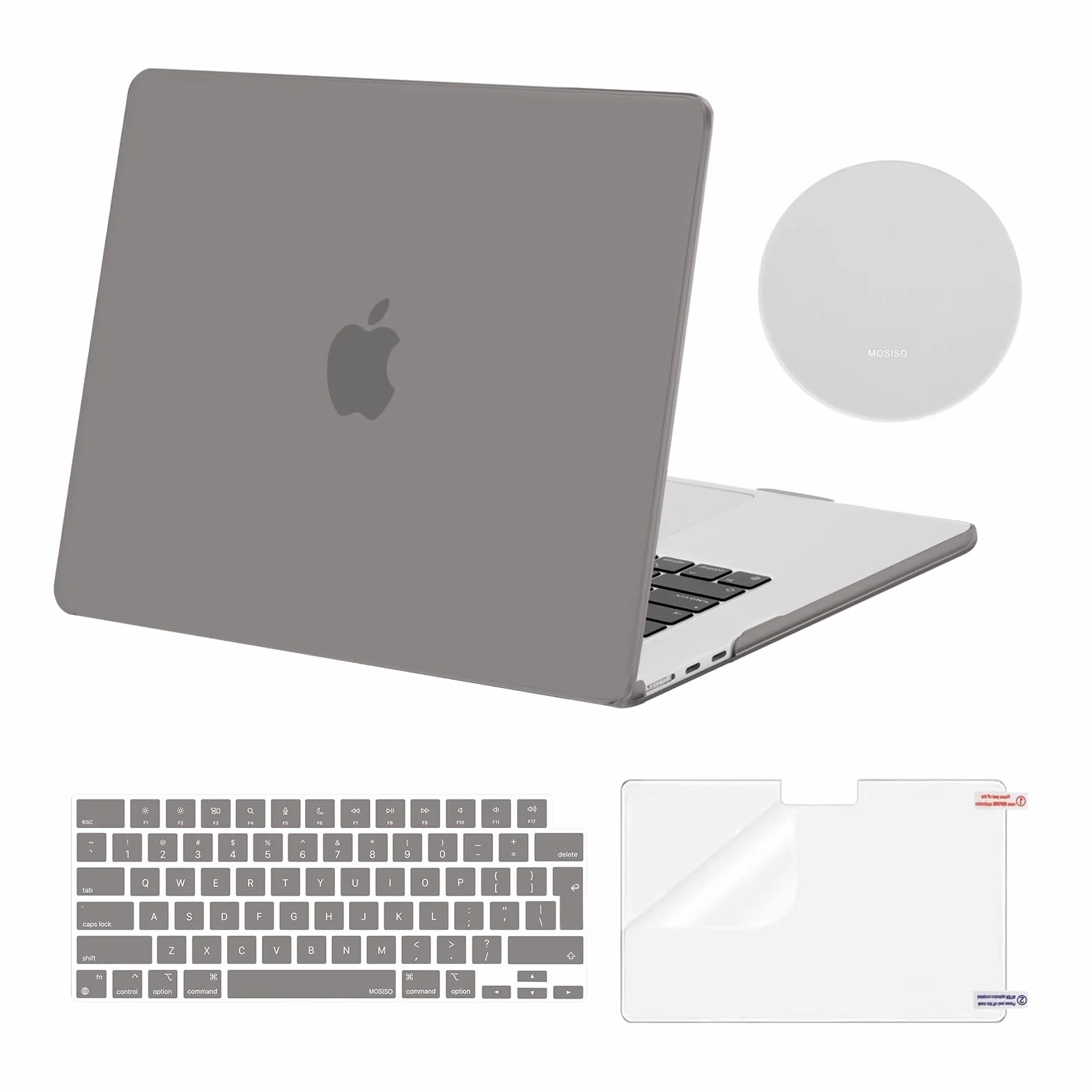 MOSISO Etui kompatybilne z MacBookiem Air 15 Cali 2025 2024 2023 M4 M3 M2, obudowa do Air 15 cali A3241 A3114 A2941 & Klawiatura i osłona ekranu i coaster, szary