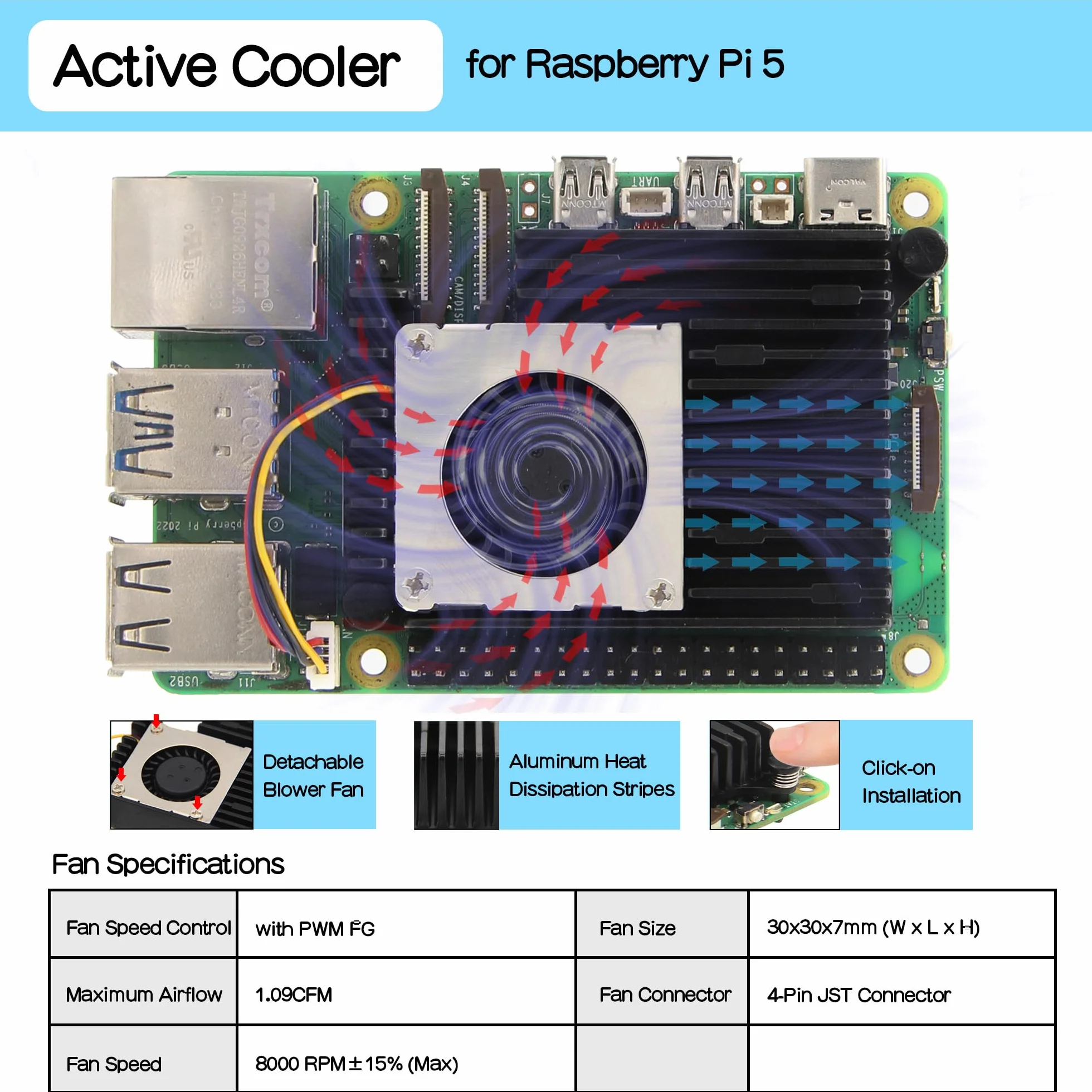 Geekworm H505 Active Cooler Fan for Raspberry Pi 5, Aluminum Heatsink with PWM Fan