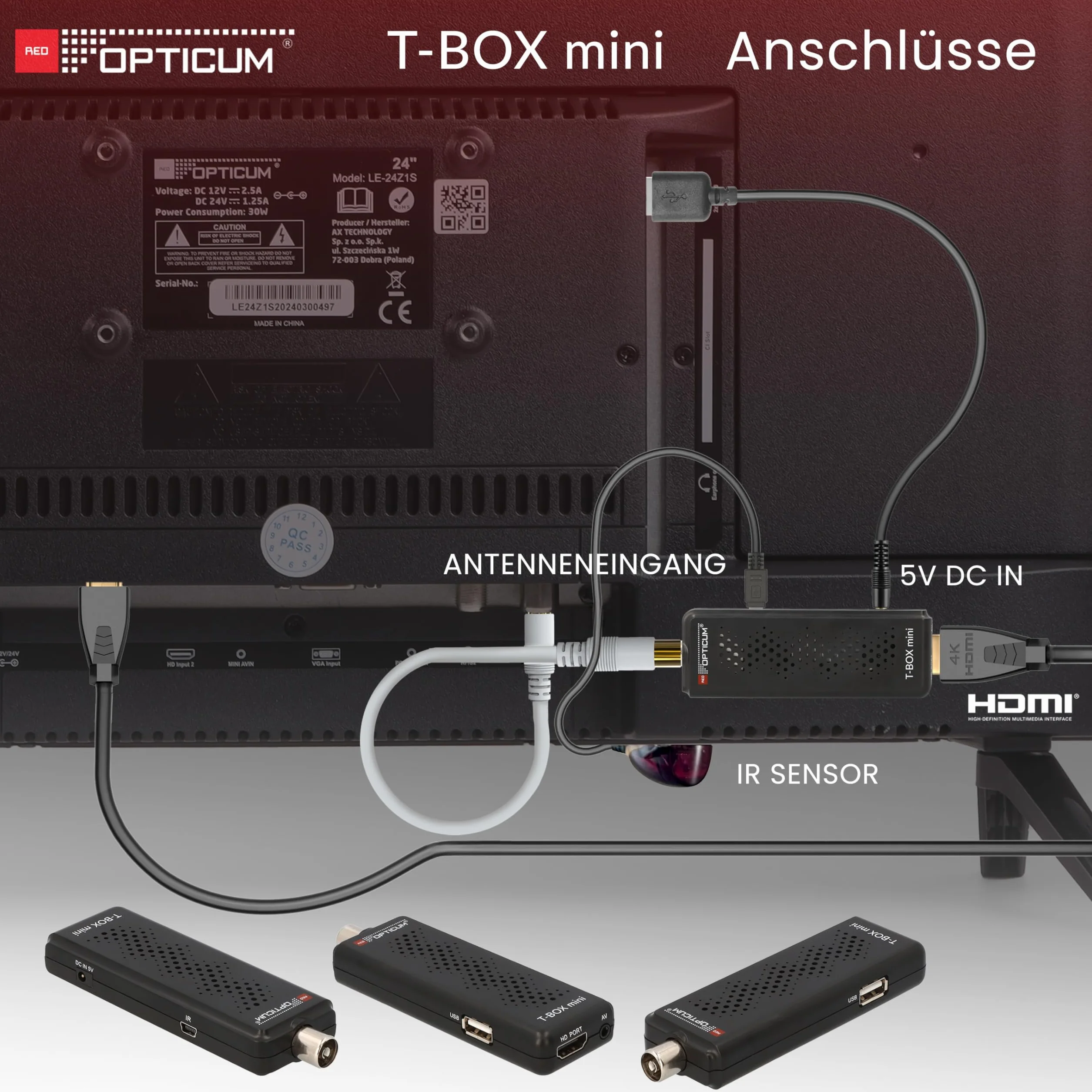 RED OPTICUM T-Box Mini DVB-T2/C cyfrowy odbiornik Full HD, H.265 HEVC, HDMI, USB 2.0, czarny, z pilotem zdalnego sterowania, czujnik podczerwieni, EPG, teletekst, funkcja PVR, 115 x 37 x 17 mm