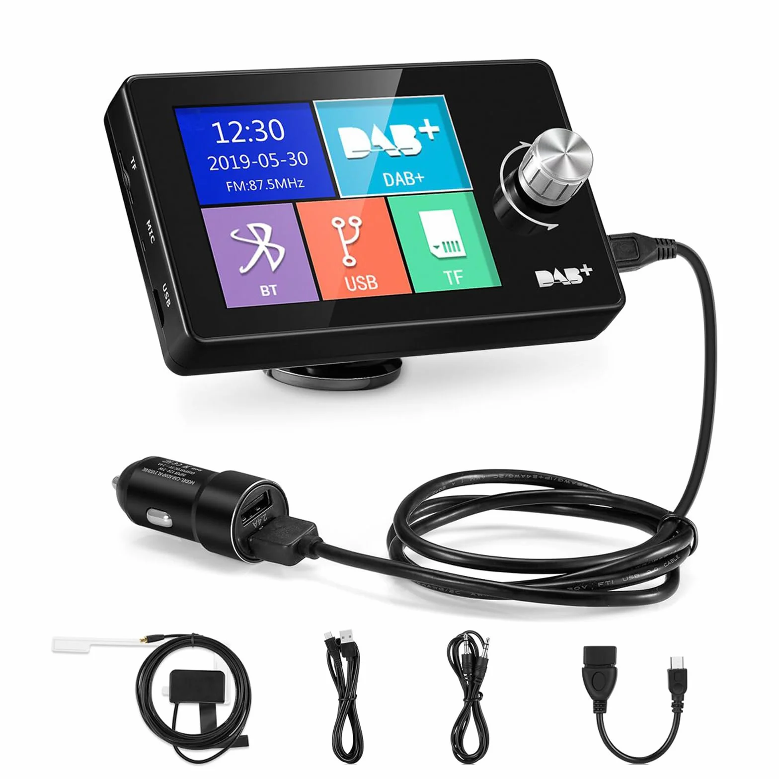 Przenośne radio cyfrowe DAB/DAB+, samochodowe, kolorowy wyświetlacz 2,8”, FM, Bluetooth, nieograniczone zapisy, zestaw głośnomówiący, wejście i wyjście AUX, czytnik kart TF 64 GB, ładowarka USB