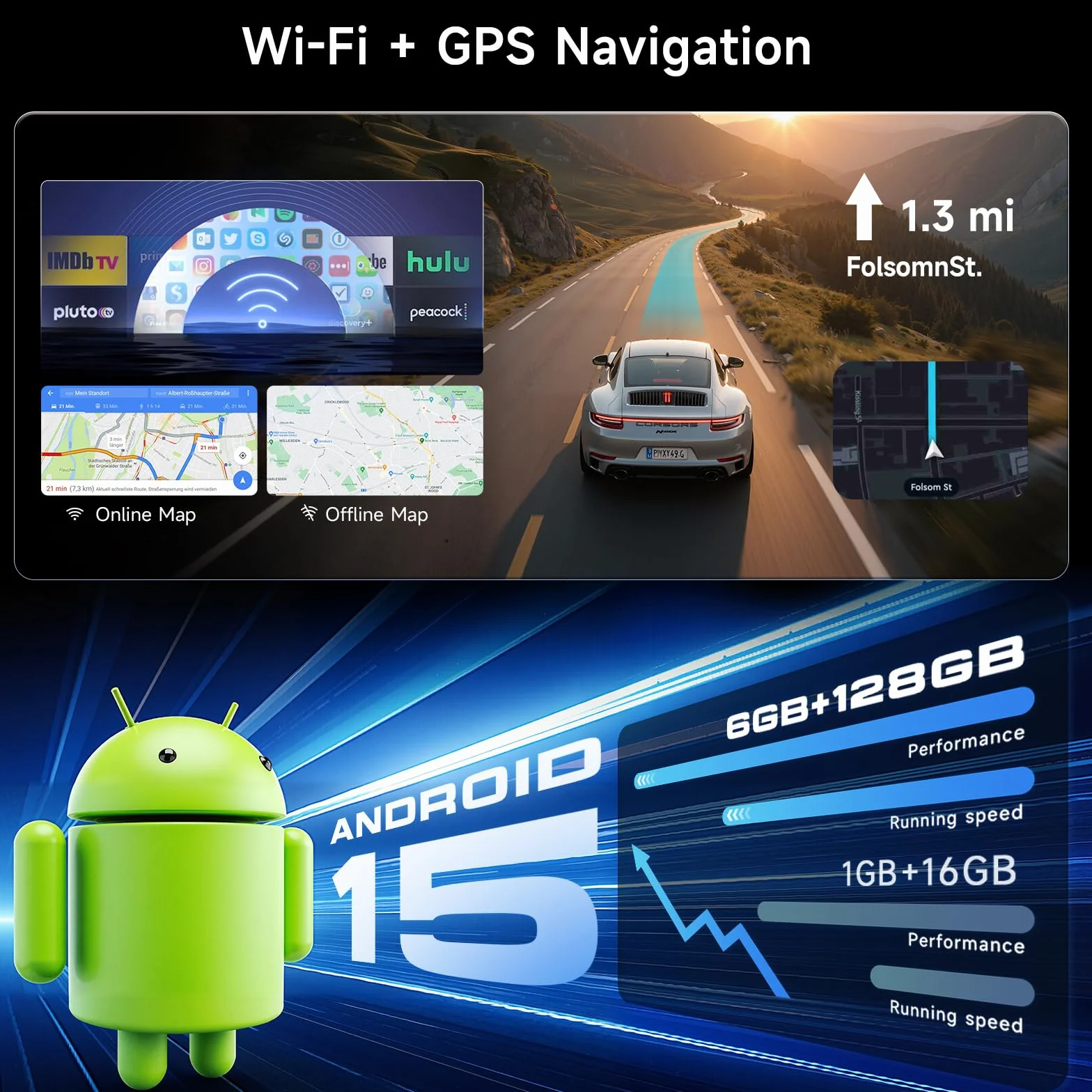 Hodozzy 6G + 128 GB Android 15 radio samochodowe 1 Din wysuwane z Carplay, bezprzewodowy Android Auto, 7-calowy ekran dotykowy nawigacja GPS radio z WiFi, Bluetooth, FM/AM/RDS, DSP, USB i kamerą