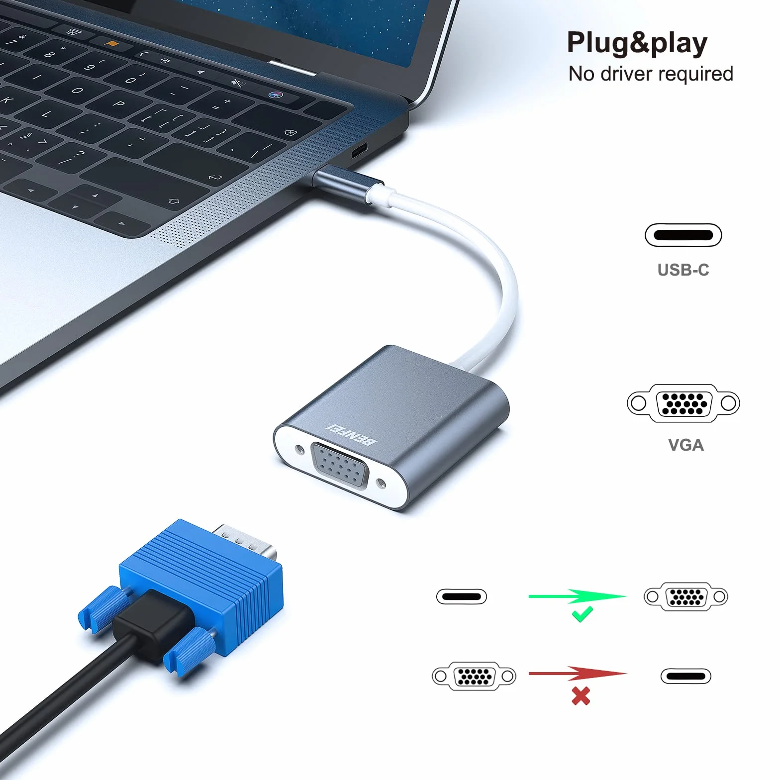 Adapter USB C na VGA, BENFEI Thunderbolt 3 na VGA męski na żeński, dla MacBook Apple 2019/2018/2017, wersja aluminiowa