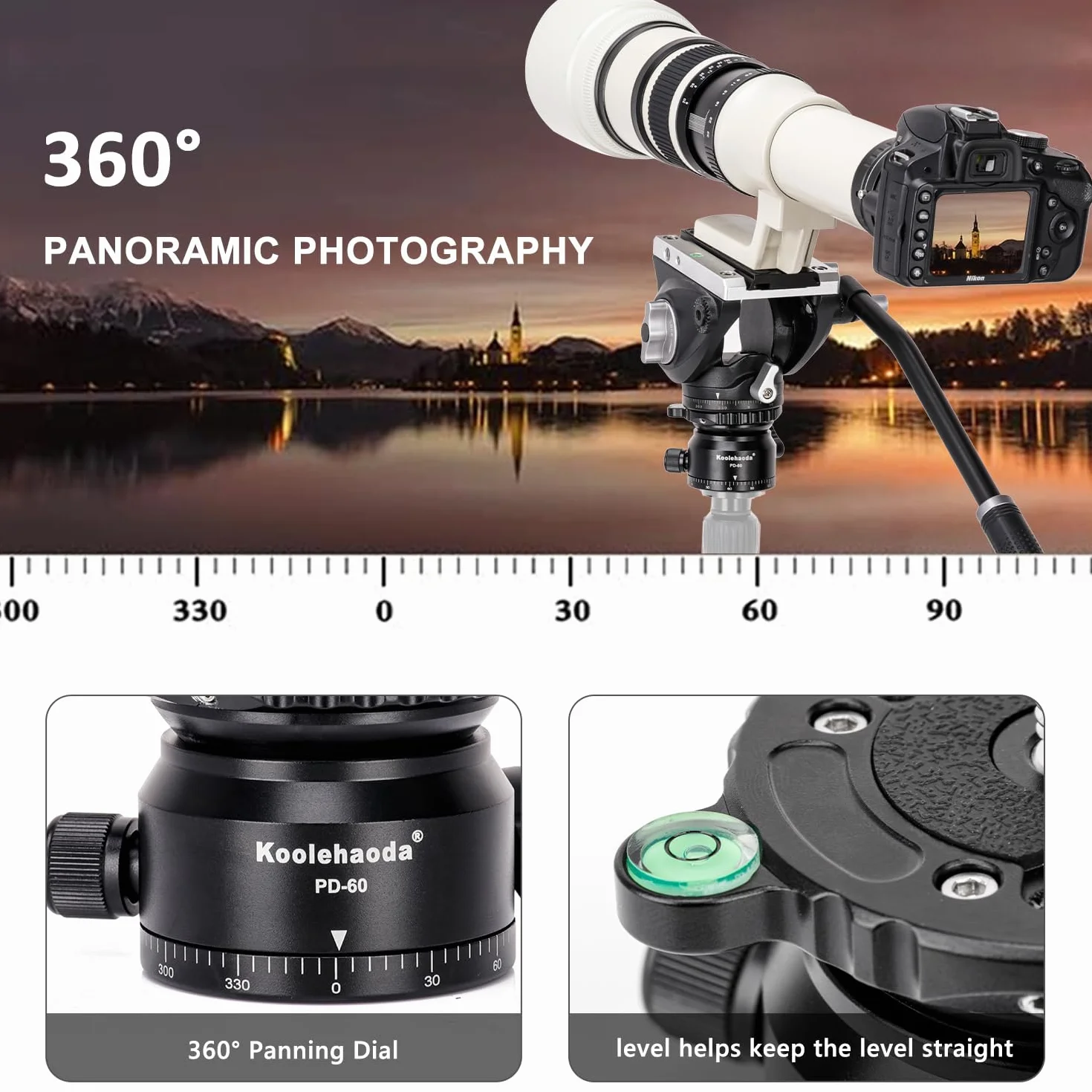 Koolehaoda Głowica poziomująca do aparatu, aluminiowa podstawa panoramiczna 360° frezowana CNC z gwintem 3/8" i przesuniętym poziomicą do głowicy wideo, statywów i monopodów (PD-60)
