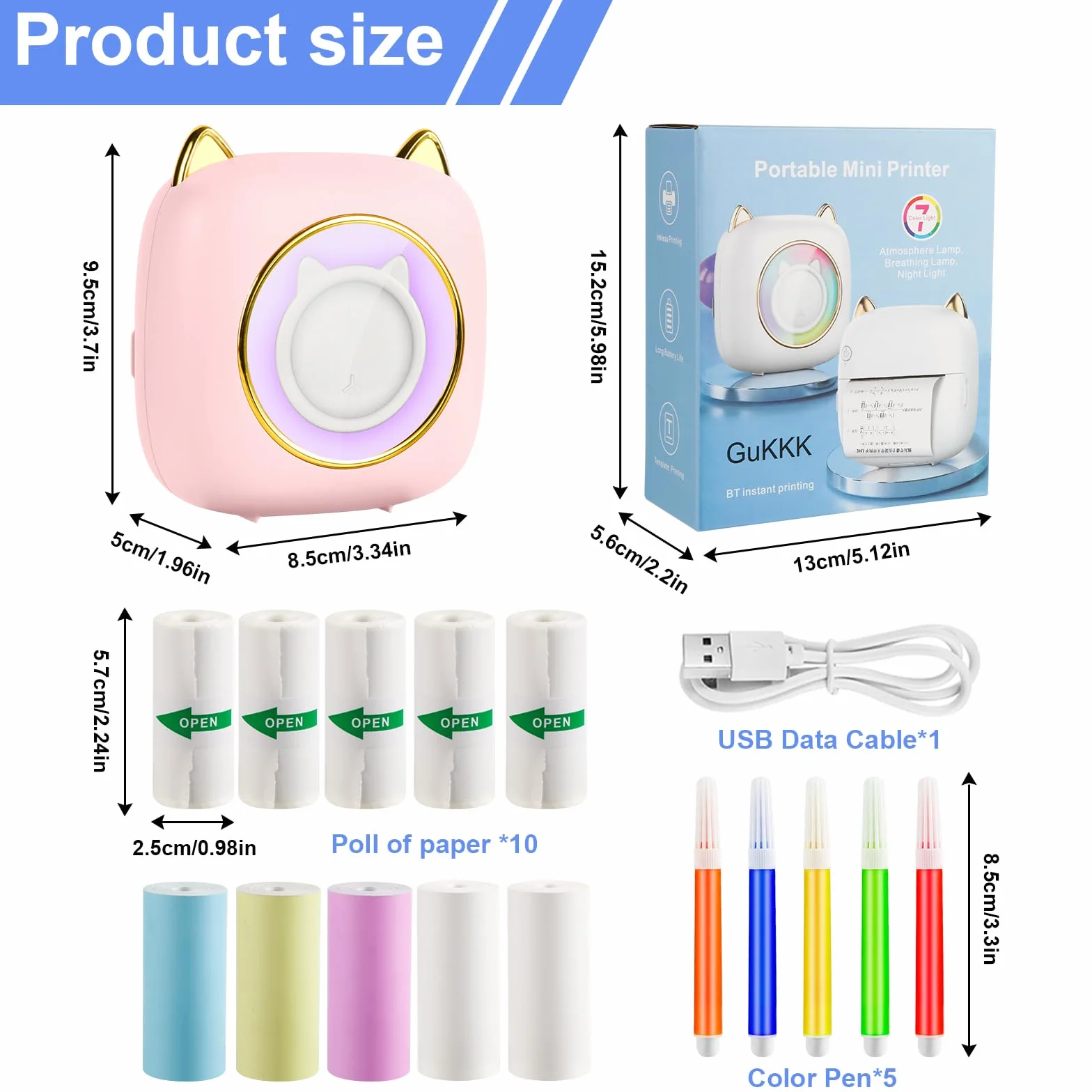GuKKK Mini drukarka, mobilna drukarka fotograficzna, przenośna, mini drukarka fotograficzna z siedmioma kolorami LED, bezprzewodowa drukarka fotograficzna, drukarka termiczna do smartfonów, drukarka