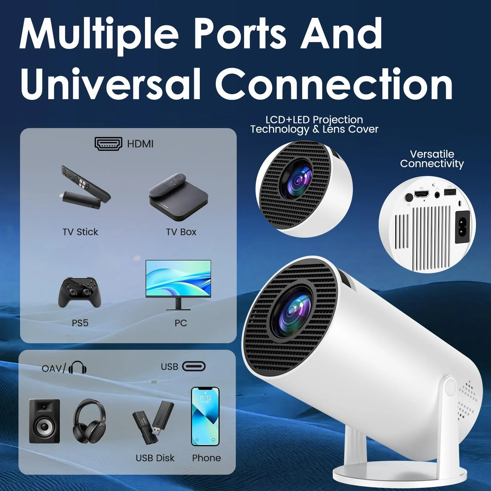 [Wbudowana aplikacja] Przenośny projektor mini projektor z WiFi 6 i Bluetooth 5.4 Reflektor obsługuje 4K 1080P, automatyczny obrót Keystone 270°, kompatybilny z HDMI/TV Stick/laptopem/Memory Stick