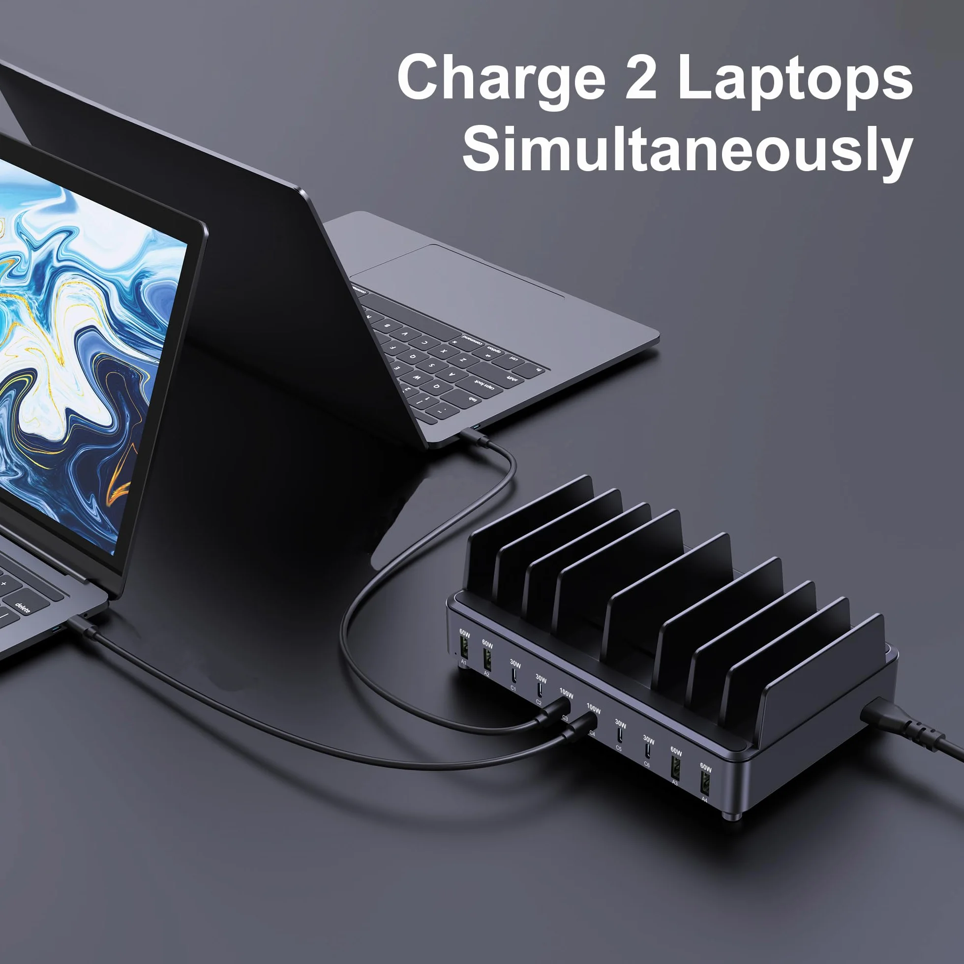 chipofy Stacja ładująca 500 W do wielu urządzeń, 10-portowa szybka stacja ładująca USB C, z organizerem do MacBooka, laptopa, iPada, iPhone'a 17, 16 Pro Max, Galaxy S25/S24 i innych