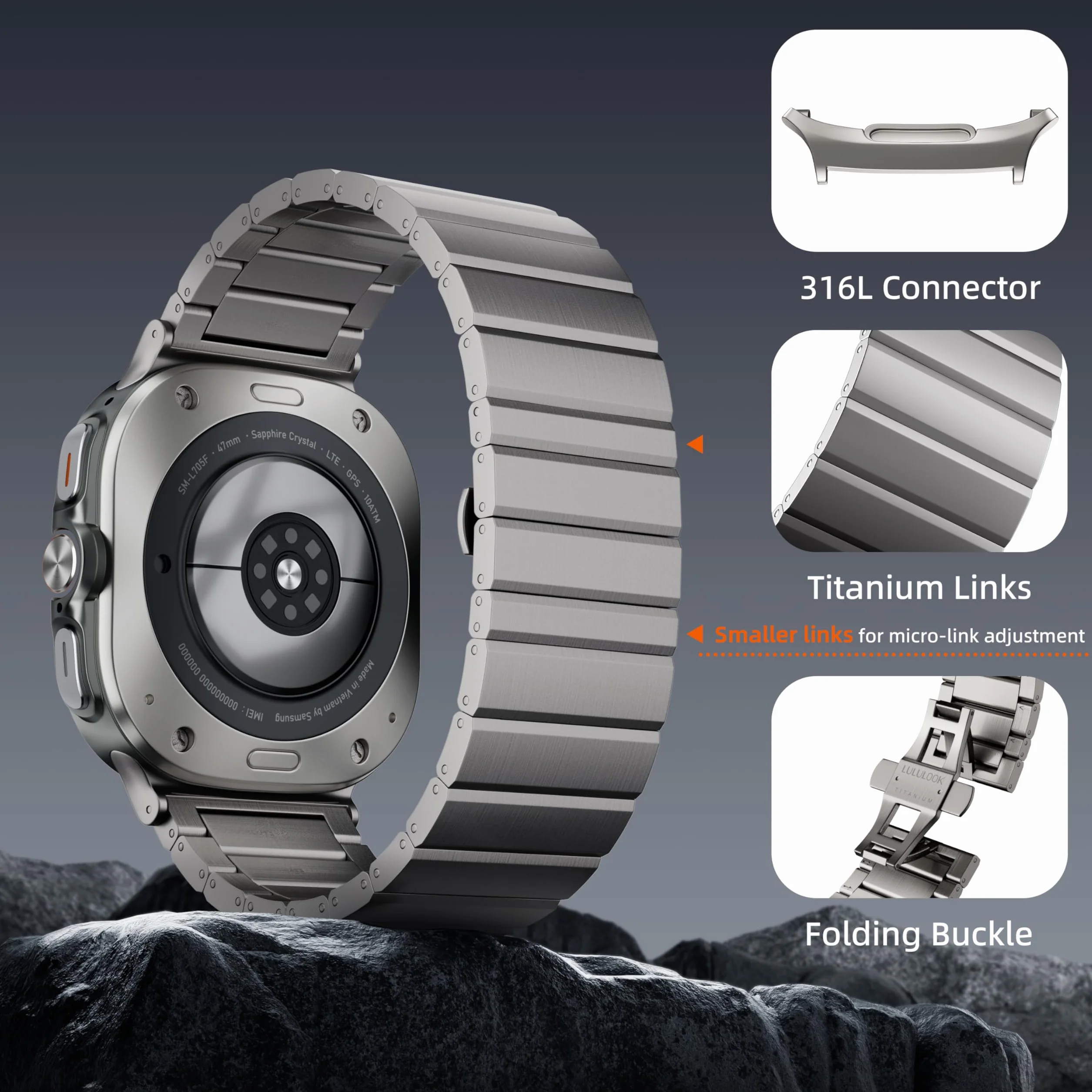 LULULOOK Tytanowy pasek do zegarka Samsung Galaxy Watch Ultra 7 47 mm (2025/2024), podwójny tytan, z DLC, odporny na zarysowania, szerokość 24 mm, do Galaxy Watch Ultra, tytanowy