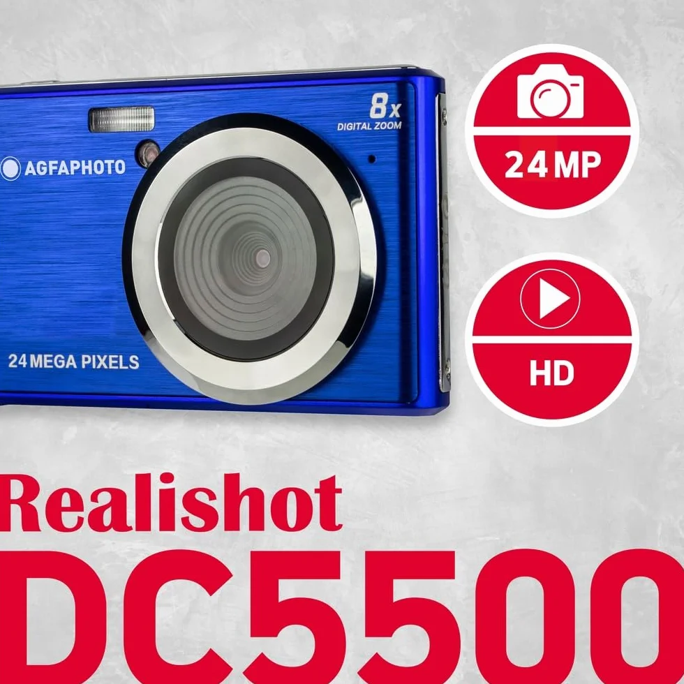 AgfaPhoto Realishot DC5500 - Kompaktowy aparat cyfrowy, 24 MP, 2,4-calowy ekran LCD, 8-krotny zoom cyfrowy, wideo HD 720p, zewnętrzna pamięć SD, bateria litowa - niebieski